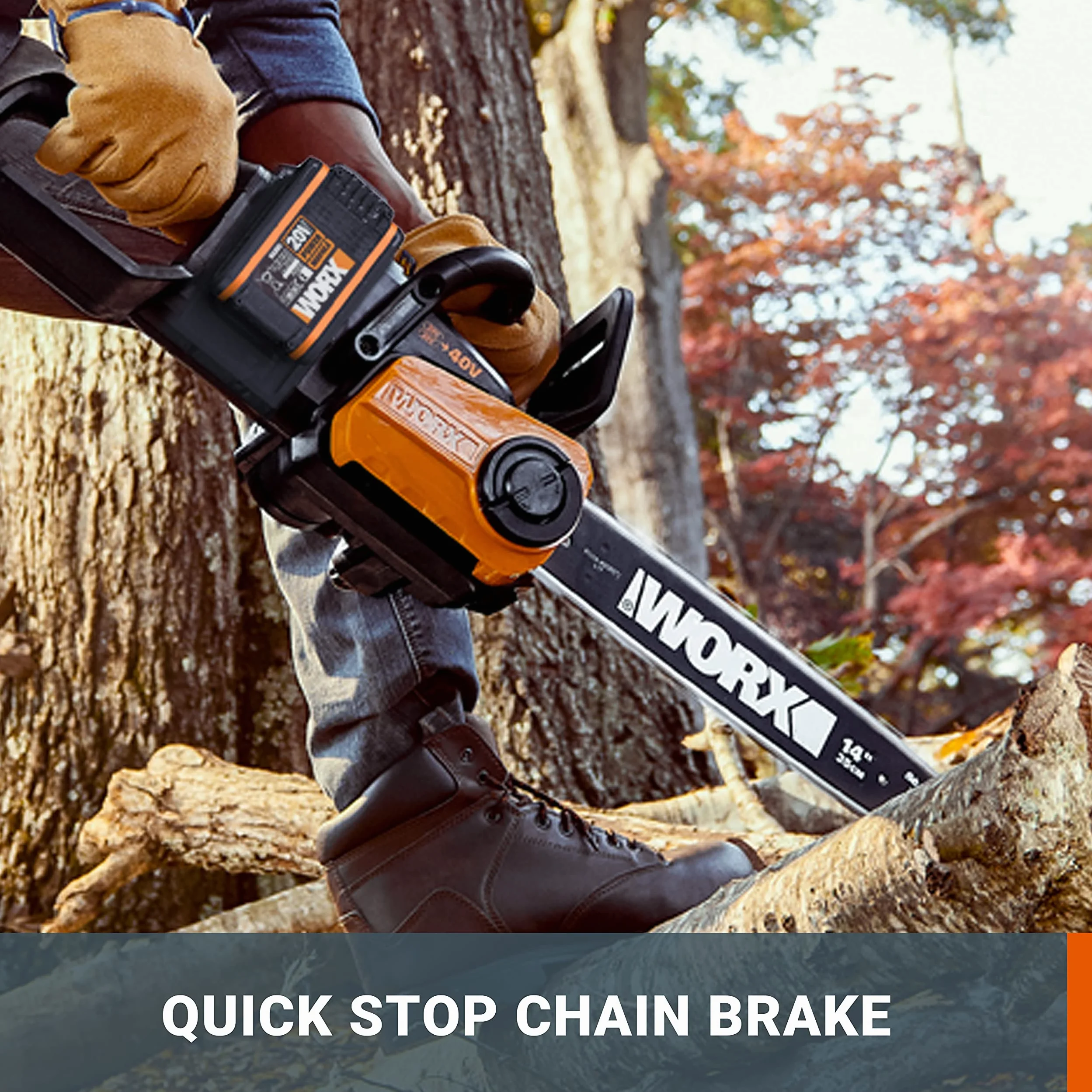 WORX - Tronçonneuse sans fil 40V - 4Ah- WG384E - guide de 35 cm, 8 m/s (Livrée avec batterie et chargeur, brushless, légère et compacte, indicateur de niveau d'huile, auto-lubrification de la chaîne) | Guide 35 cm, tension et lubrification automatiques, f
