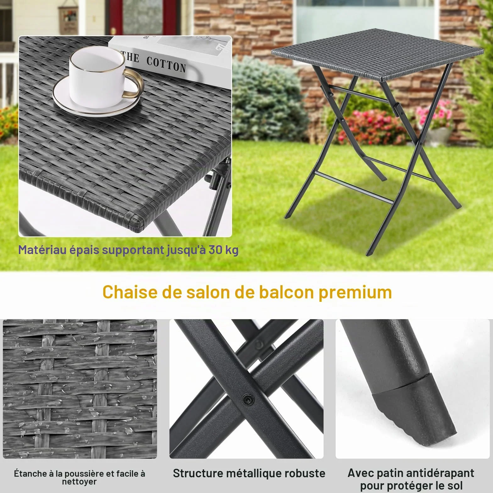 Ensemble de Meubles de Balcon 3 pièces Pliable en Rotin Gris, 2 Chaises et 1 Table, pour Terrasse et Jardin