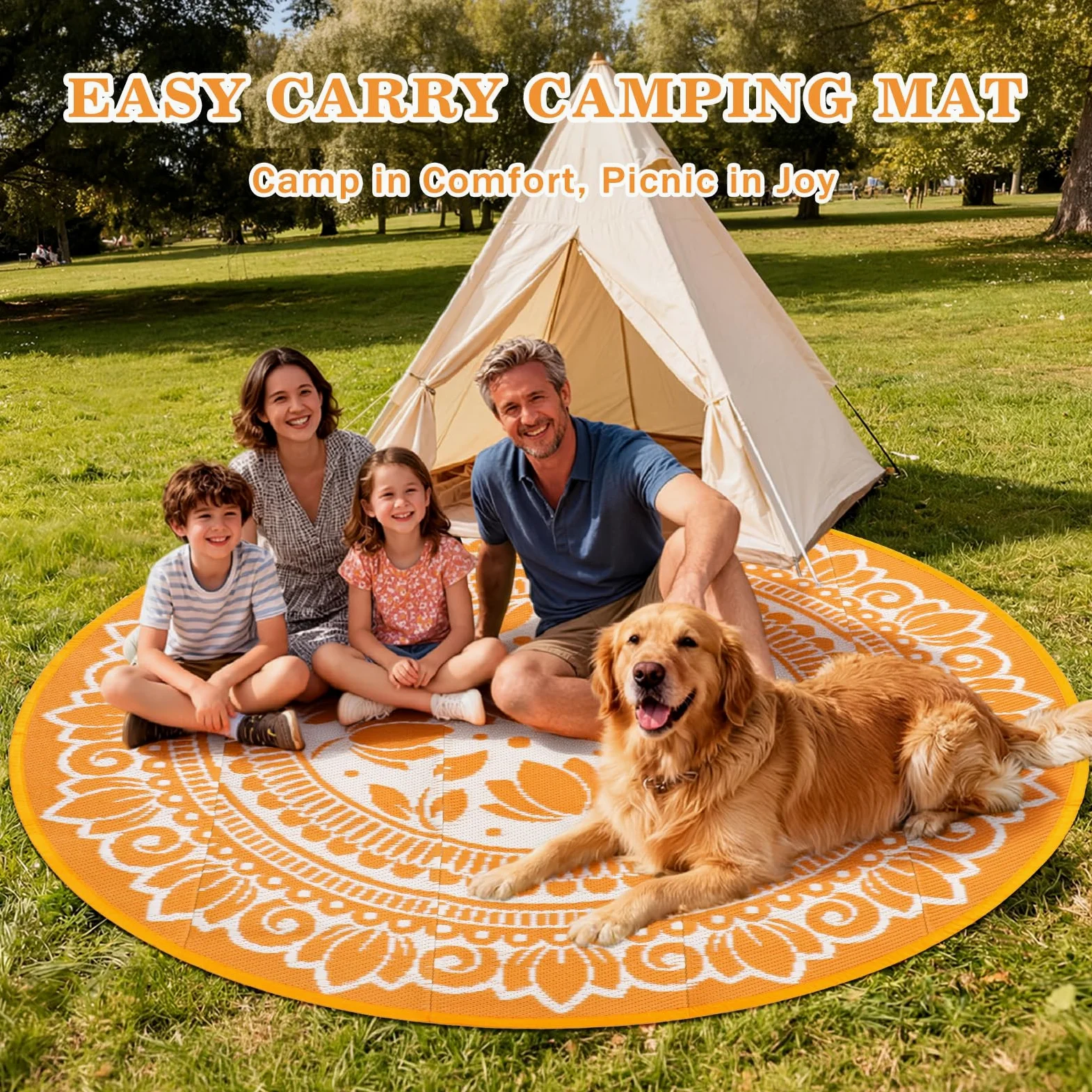Tapis d'extérieur rond, noir, 180 cm, style bohème, résistant aux intempéries, réversible, en plastique, résistant aux UV, pour camping-car, camping, terrasse, plage, jardin, pique-nique