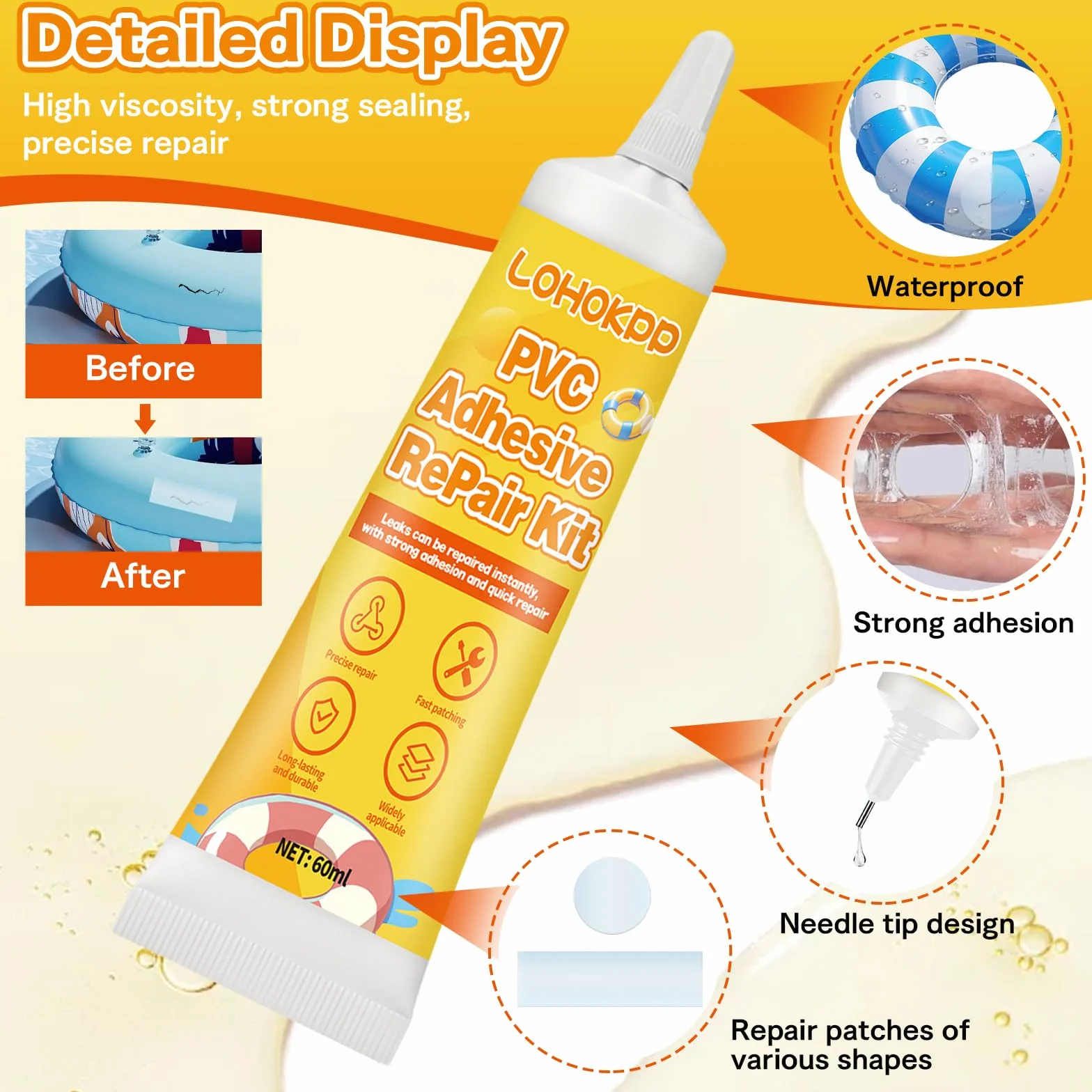 Kit Réparation Piscine 60ml Colle PVC Rustines Transparentes Imperméable