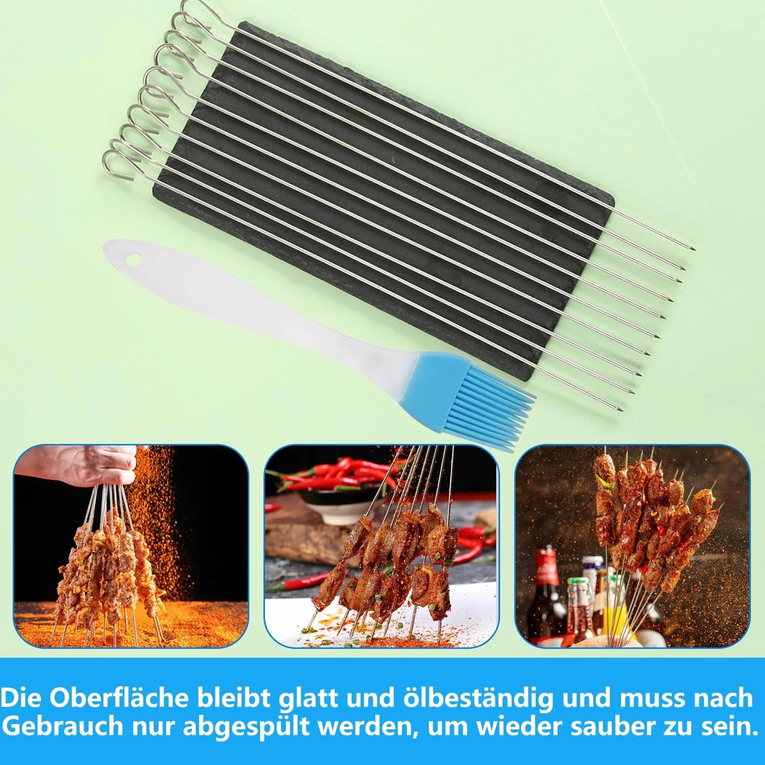 Pic a Brochette en Métal 30 cm avec Pinceau à Huile Silicone Bleu - Kit de Grillade pour Pique-nique et Camping