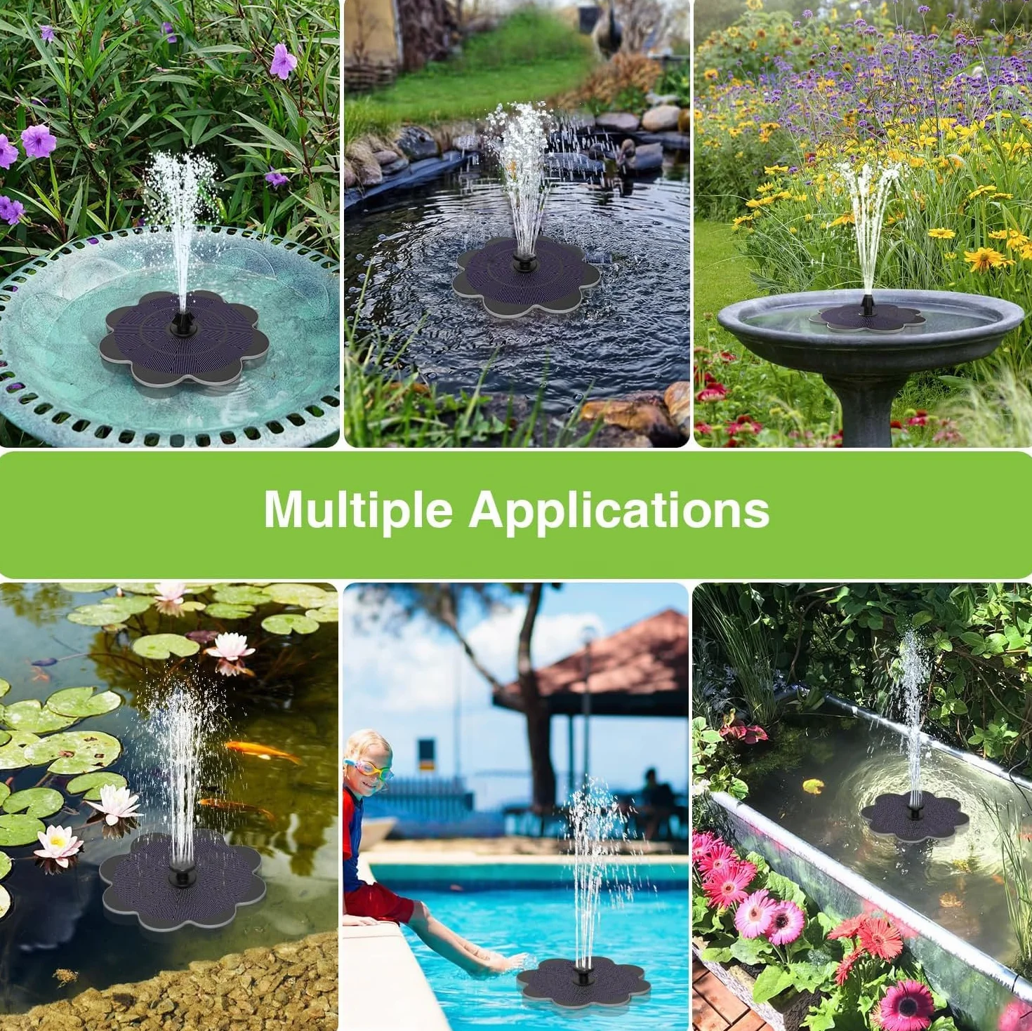 Fontaine Solaire 3.5W Extérieure Flottante Pompe Bassin Solaire 2000mAh Batterie 7 Buses pour Bain d'oiseaux Jardin