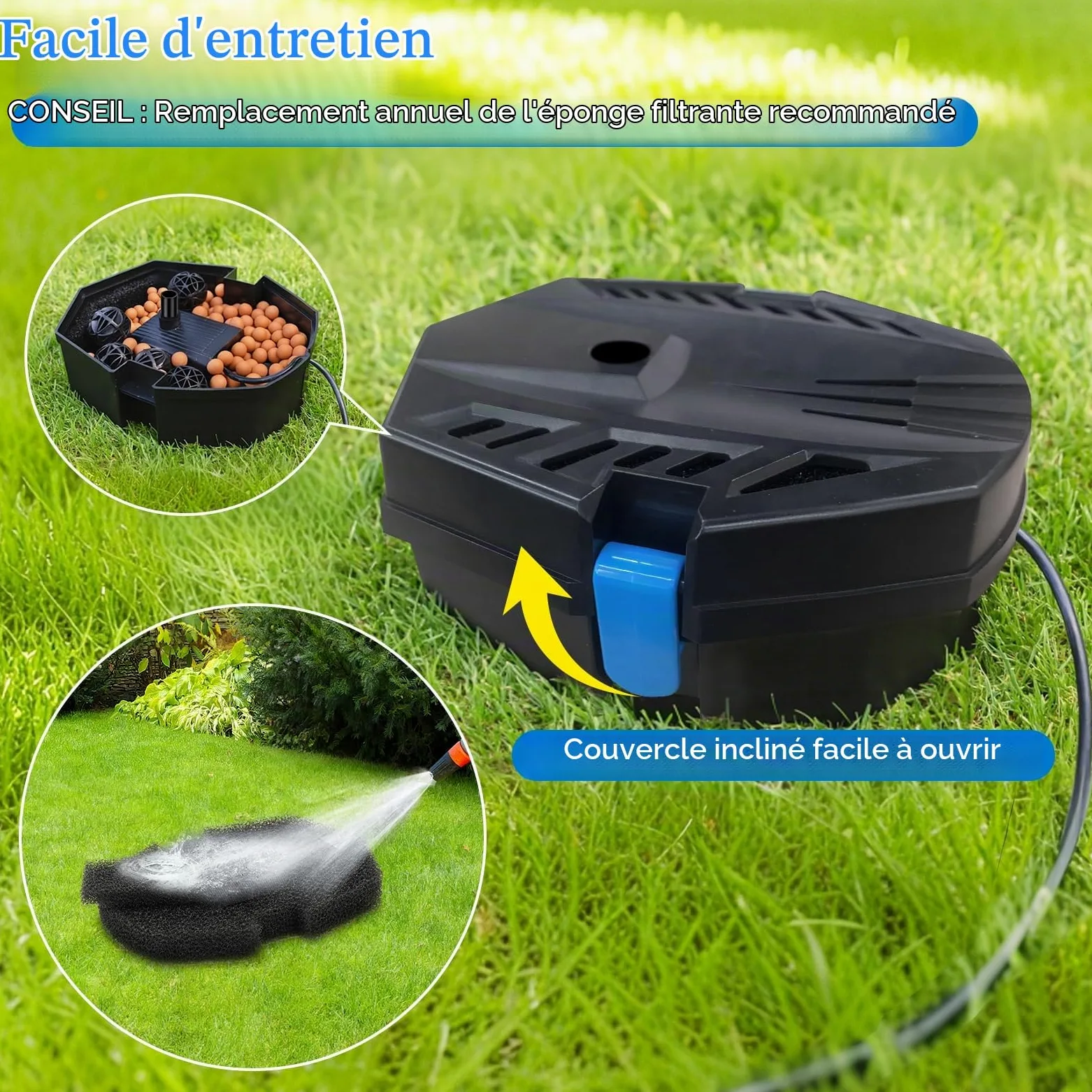 POPOSOAP Boîte de filtre de bassin pour petits étangs en plein air, purificateur d'eau avec tapis filtrants, boules bio, billes en céramique, protection de la pompe et entretien facile pour bassins