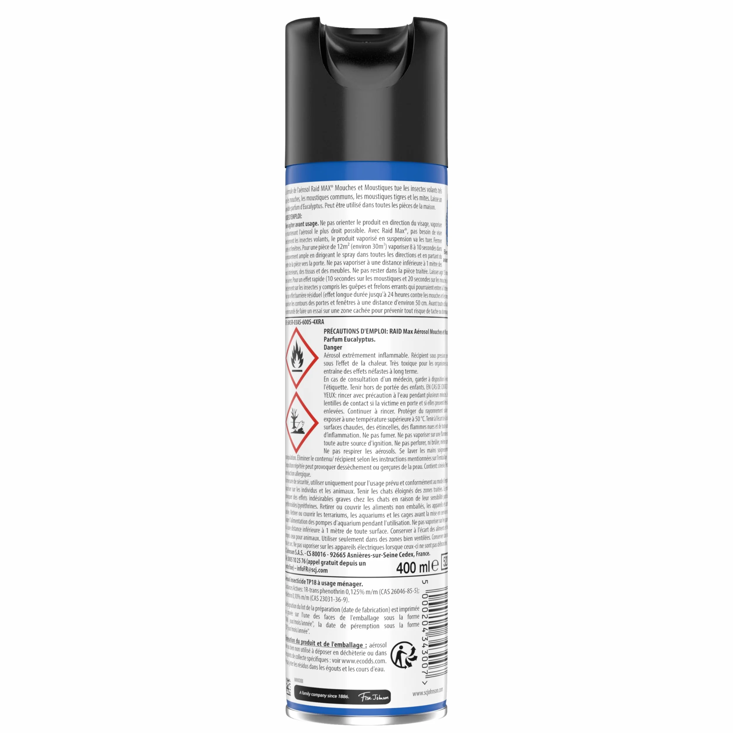 Raid Max Aérosol Mouches et Moustiques 2 en 1 Action Rapide Longue Durée Parfum Eucalyptus 24h