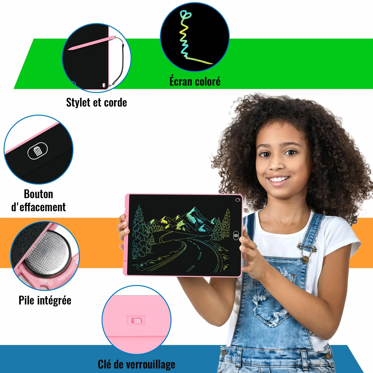 Electight Tablette Dessin Enfants 12 Pouces LCD Colorée avec Bouton Effacement Verrouillage Bleu Rose Violet