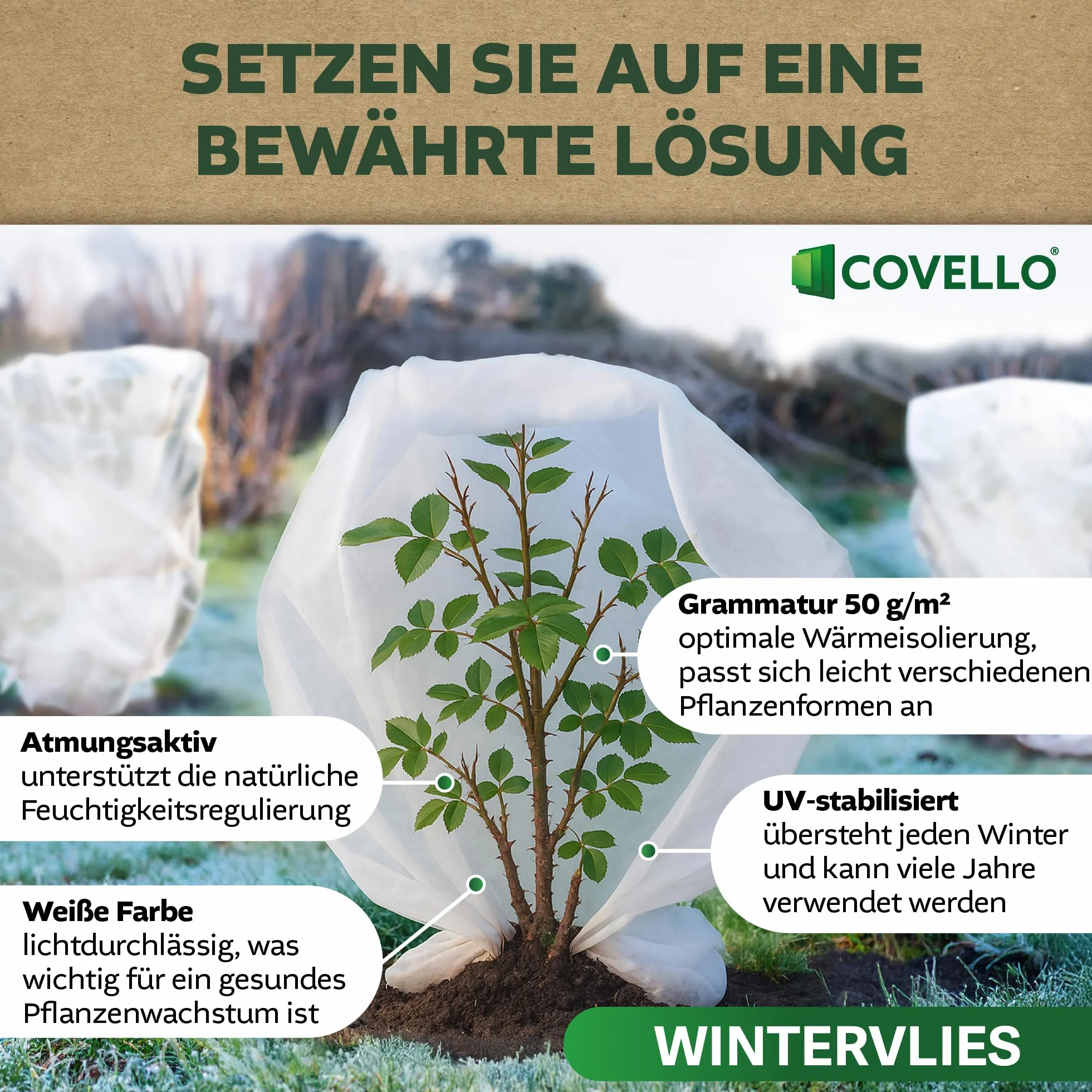 Covello Voile d'Hivernage pour Plantes 50g/m² Protection UV Respirante 25m x 1,6m 40m²