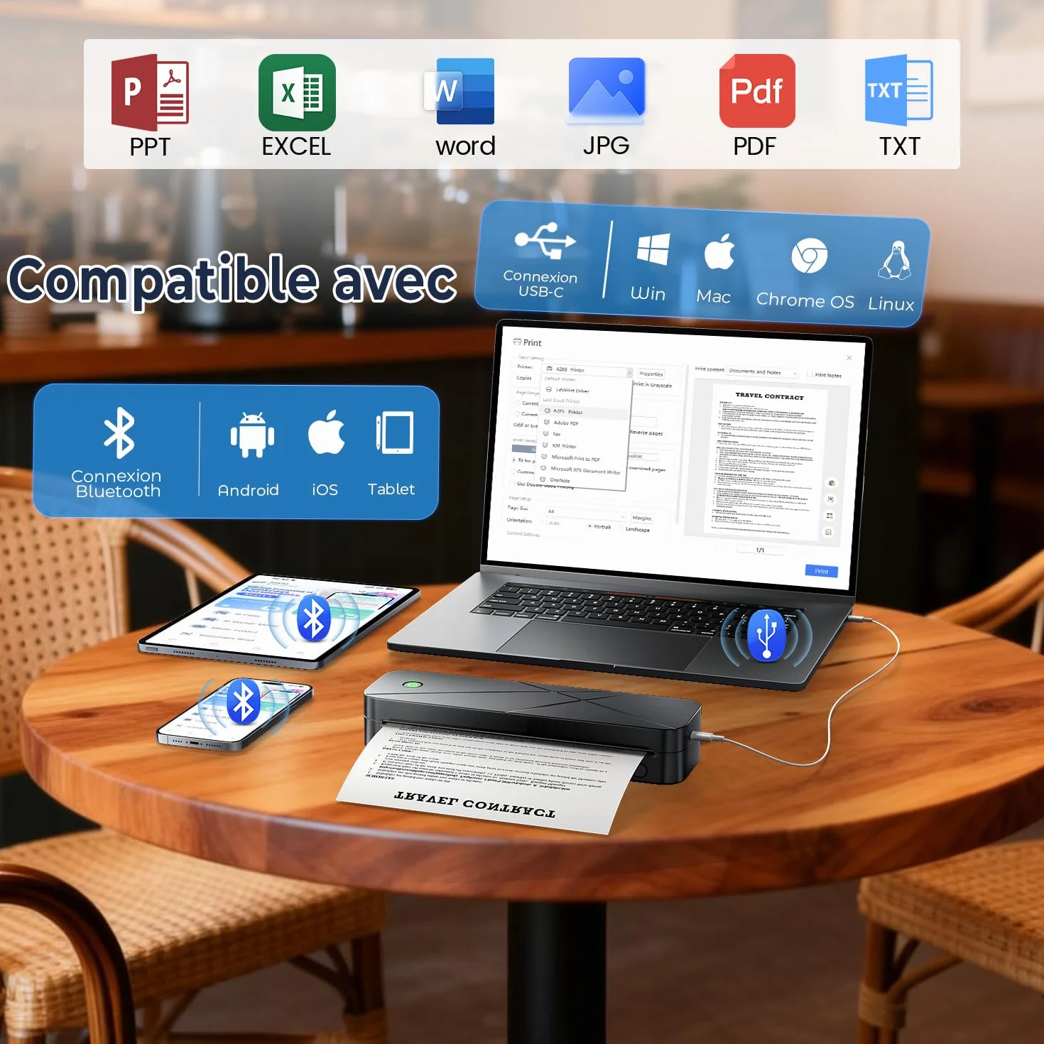 Imprimante Thermique Portable A4 Bluetooth 300 DPI Sans Encre 2600 mAh Compatible Papier A5/B5