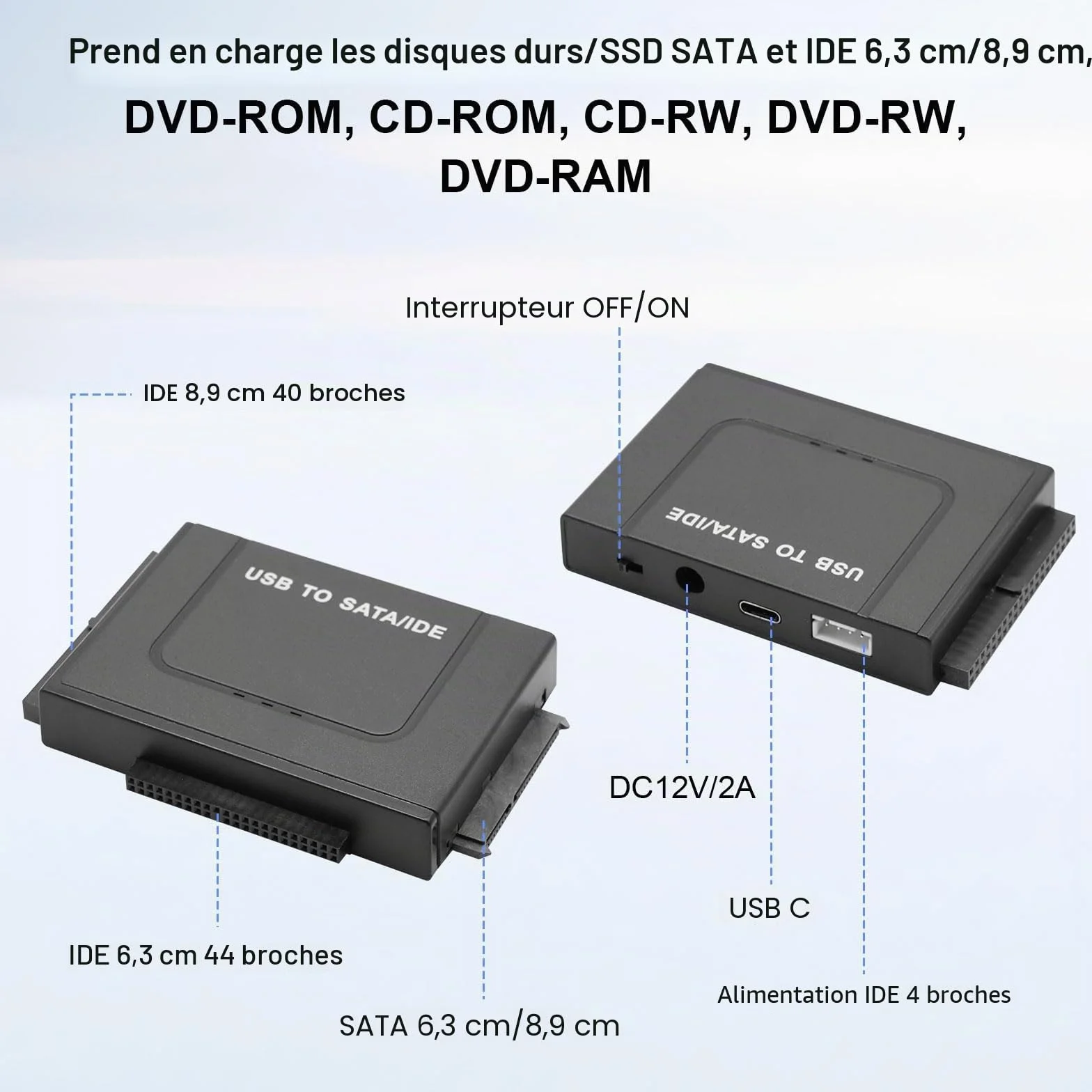 Adaptateur Disque dur USB 3.1 6Gbps pour 2.5" 3.5" HDD SSD SATA IDE Convertisseur avec Câble USB Alimentation 12V 2A