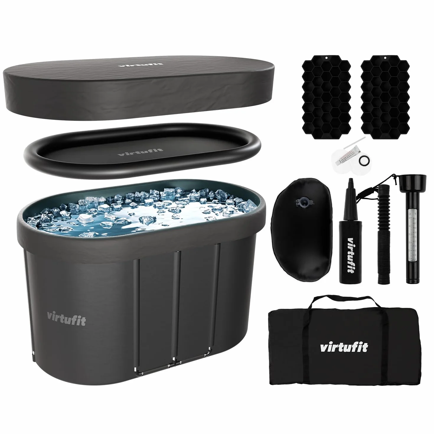 VirtuFit Baignoire Glacée Ovale 500L – Bassin à Eau Froide pour la Régénération et la Récupération Musculaire – Pliable, Isolation à 5 Couches, Accessoires Inclus, Pour l’intérieur et l’extérieur