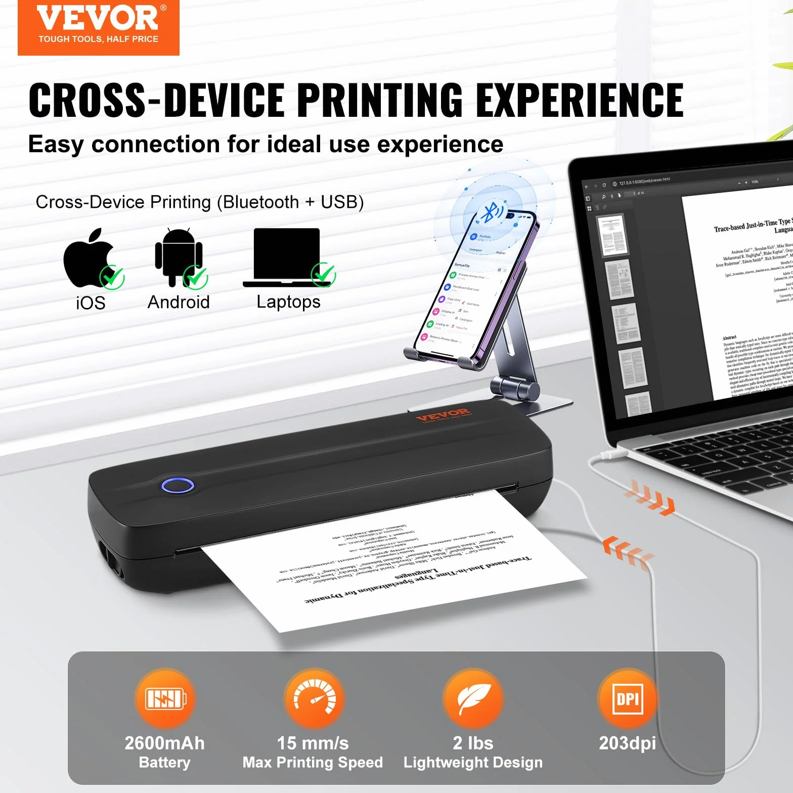VEVOR Imprimante Thermique Portable sans Fil 203 DPI, Mini Bluetooth sans Encre pour Papier A4/A5