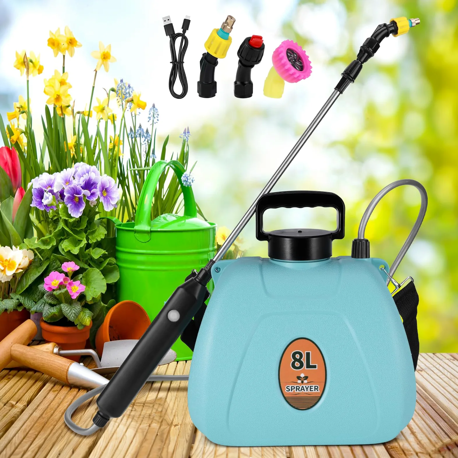 Pulvérisateur à Pression à Batterie 8L Pulvérisateur Électrique Puissant avec 3 Buses de Brume, Pulvérisateur de Jardin à Poignée Rechargeable avec Bandoulière Réglable (Bleu Clair)