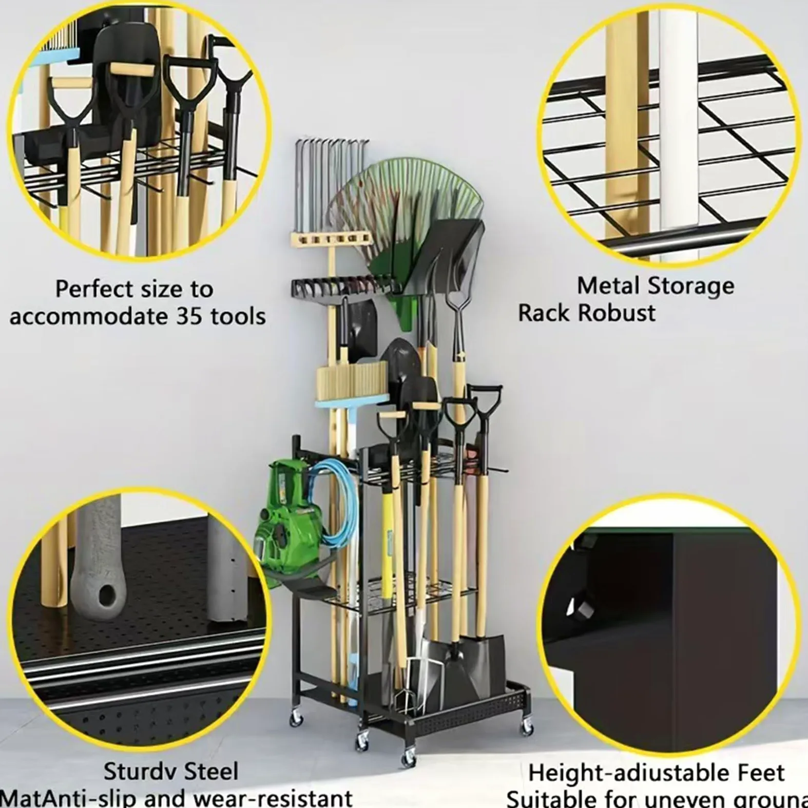 Porte-outils de jardin avec mouvement fluide, idéal pour ranger pelles, râteaux et accessoires de jardin, chariot à outils de jardin robuste