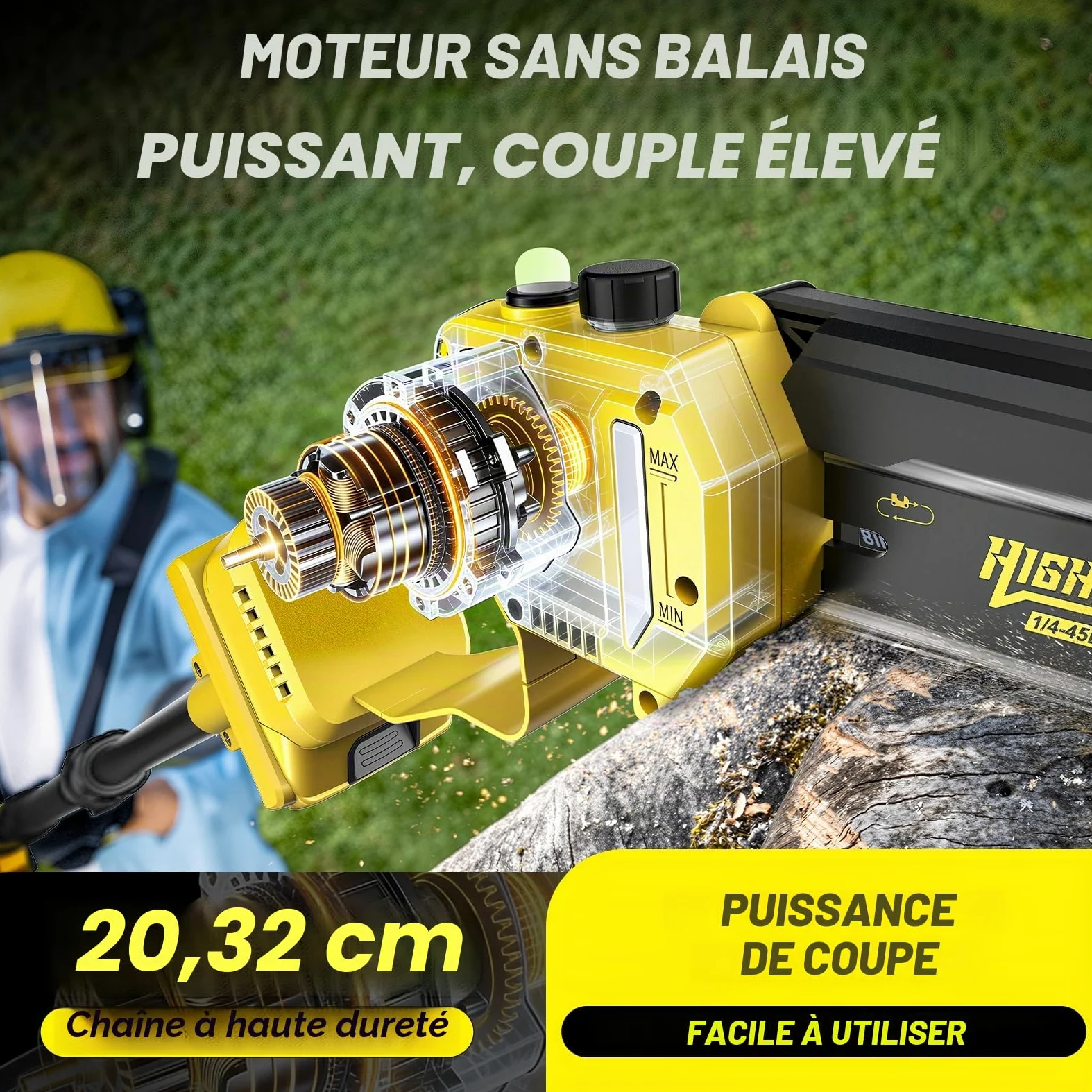 2-en-1 Tronçonneuse à Batterie & Scie à Élaguer, Moteur Sans Balais Compatible Makita 18V, 8 Pouces Mini Tronçonneuse, 2×4.0Ah, Perche 4.2m, Tête 180°, Élagage Branches & Coupe Bois
