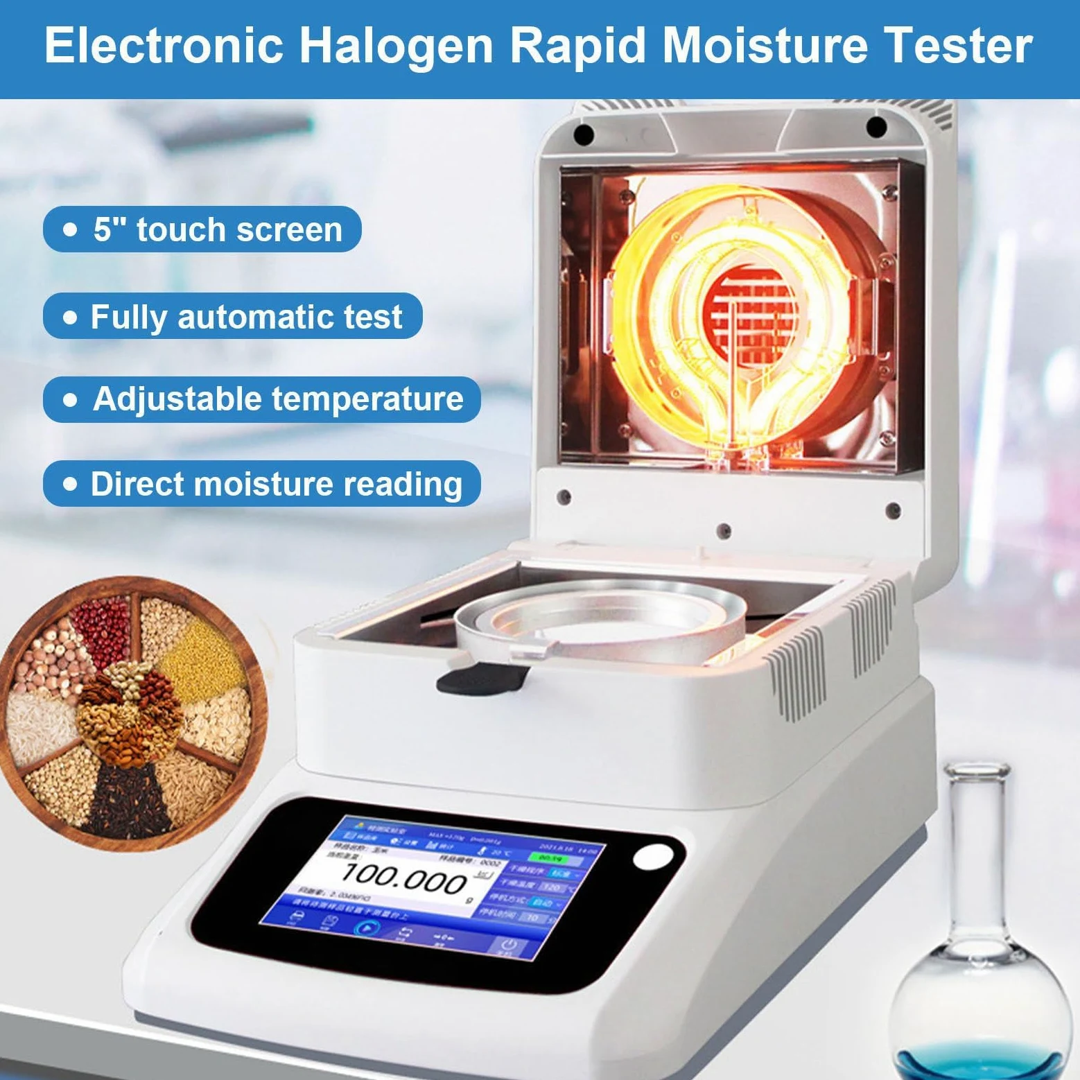 Humidimètre halogène portable, analyseur d'humidité pour un test rapide dans les aliments, les plantes et les matériaux de construction, lisibilité de 0,01 %, 3 modes de séchage, 3 options d'arrêt