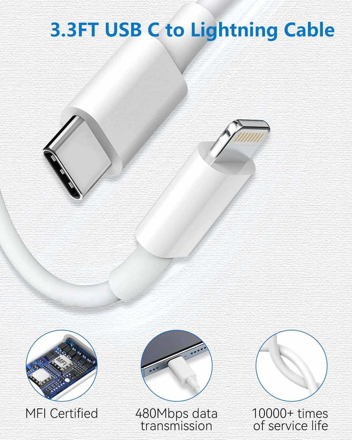 Câble USB C vers Lightning MFi Charge Rapide pour iPhone 14 Pro Max/13/12 Mini/11/XS/XR/8/SE/iPad
