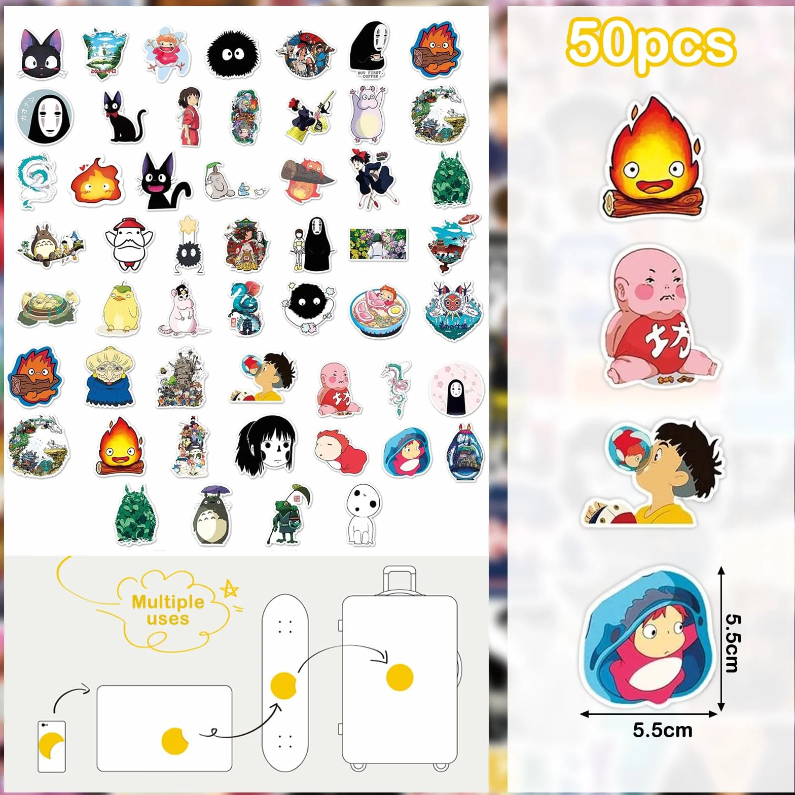 YOGARTH 50 Pièces Autocollants Kawaii Anime Stickers en Vinyle pour Guitares Ordinateur Portable