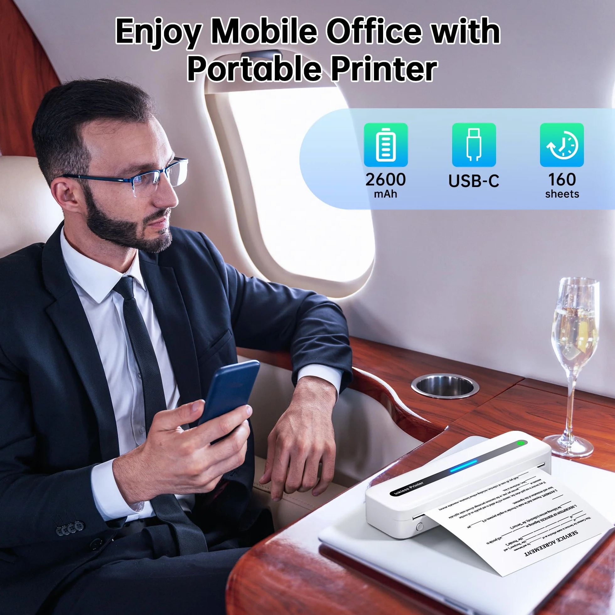Imprimante Thermique Portable A4 Bluetooth sans Encre, Thermique Compacte Support Papier A4