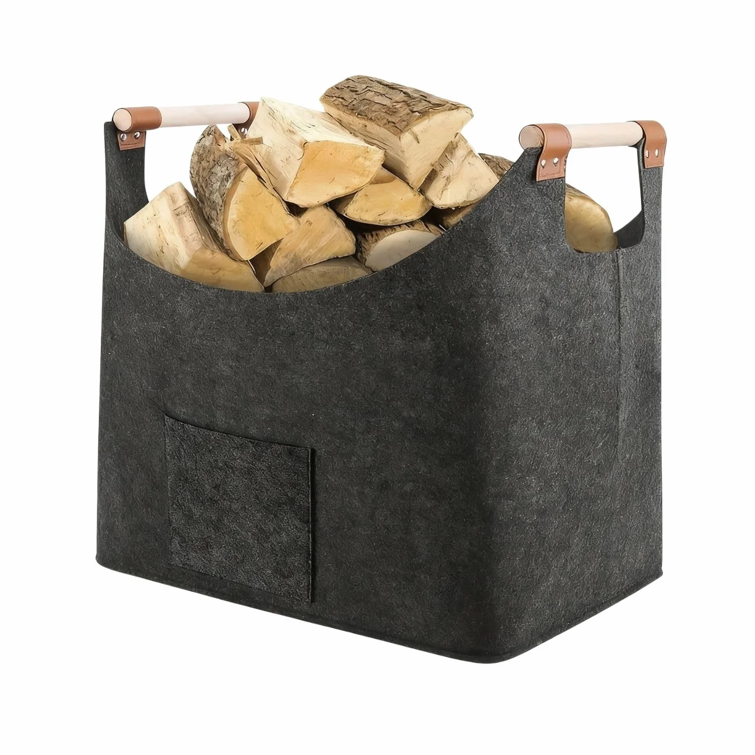 Panier à Bois en Feutre Pliable Gris Foncé avec Poche, Grand pour Intérieur Journaux et Jouets