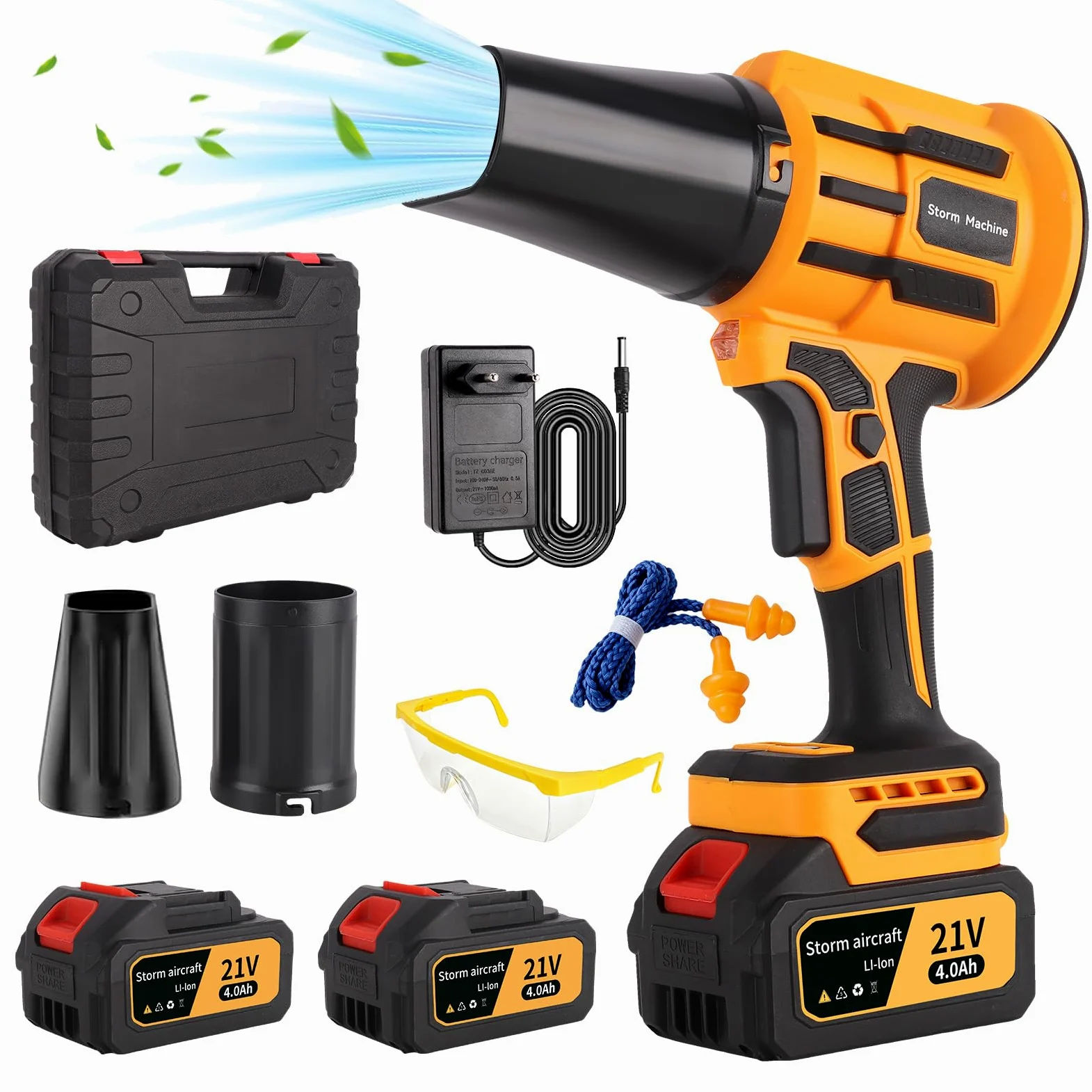 Souffleur Feuille Batterie sans Fil Puissant Jardin Electrique Cordless Leaf Blower Douille Souffleuse pour Terrasse, Voiture, Neige et Poussière 40000 RPM avec 2x4.0Ah 21V Batteries Chargeur,2 Buses
