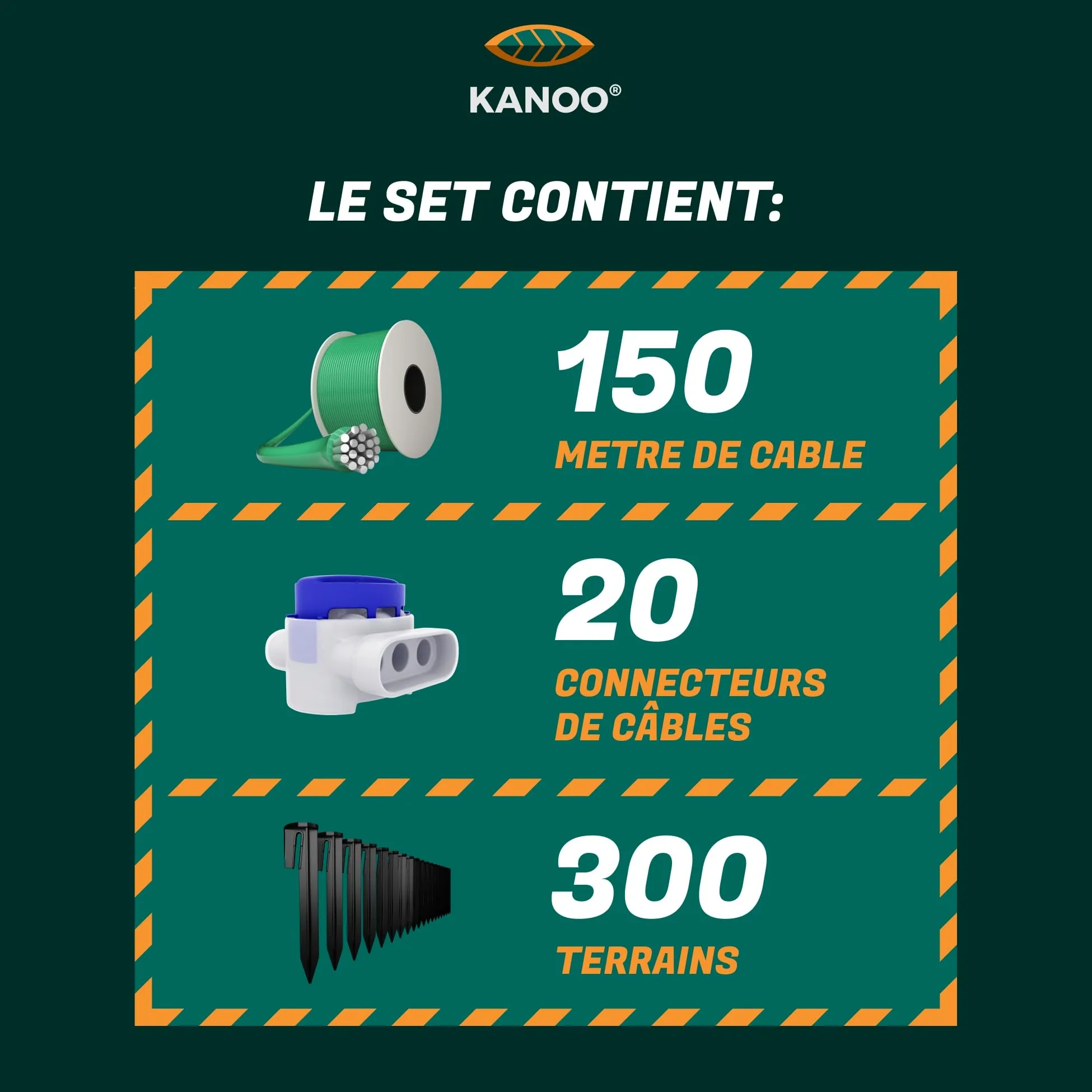 kanoo® Kit d'installation pour robot tondeuse avec câble de délimitation de 150 m + 300 piquets + 20 connecteurs de câble