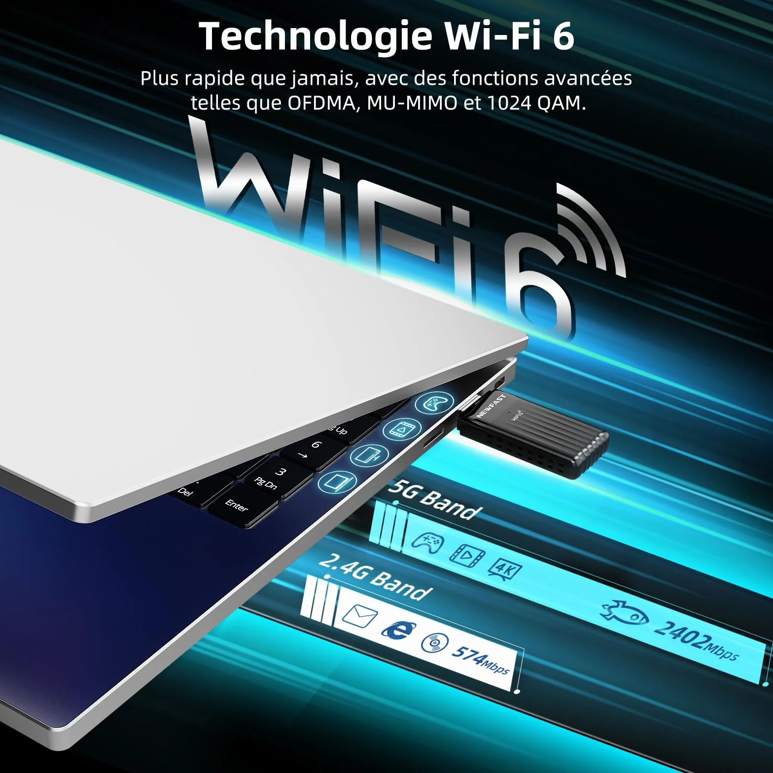 NEWFAST Clé WiFi 6 AX3000 Adaptateur USB 3.0 Double Bande MU-MIMO WPA3 OFDMA 5GHz Dongle WiFi pour PC Windows 11/10