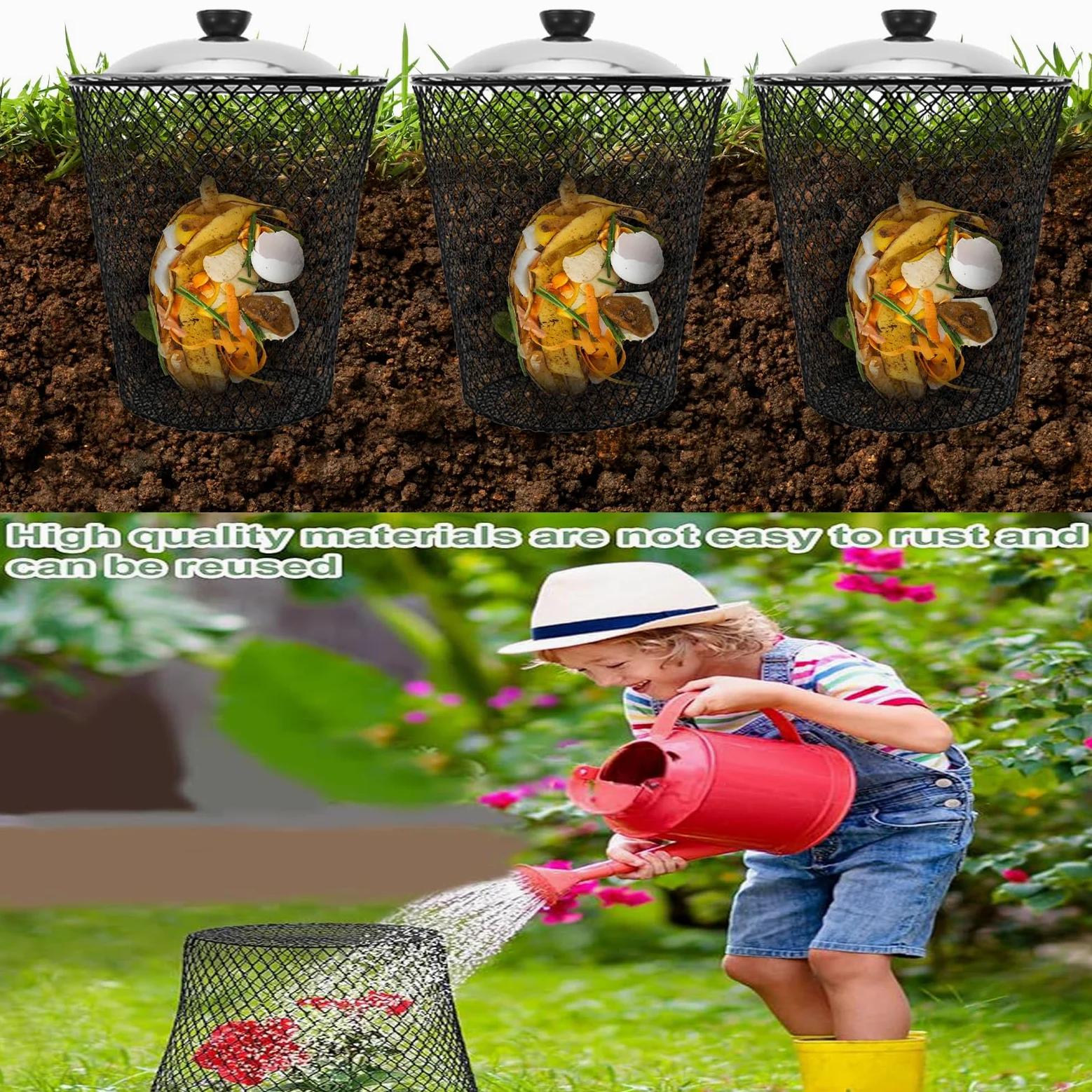 Composteur De Jardin 2 en 1, Lot De 6 Composteurs en Maille Métallique avec Couvercle Cloche De Protection pour Plantes Et Bac À Compost Protection Contre Les Animaux pour Potager Et Jardin