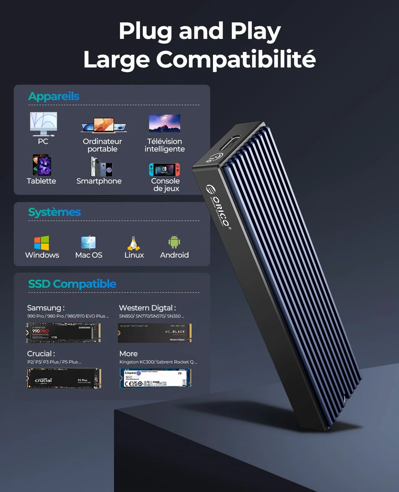 ORICO Boîtier SSD M.2 NVMe 10Gbps USB-C Adaptateur Externe USB3.2 Gen2 pour M.2 PCIe NVMe M-Key 2230/2242/2260/2280