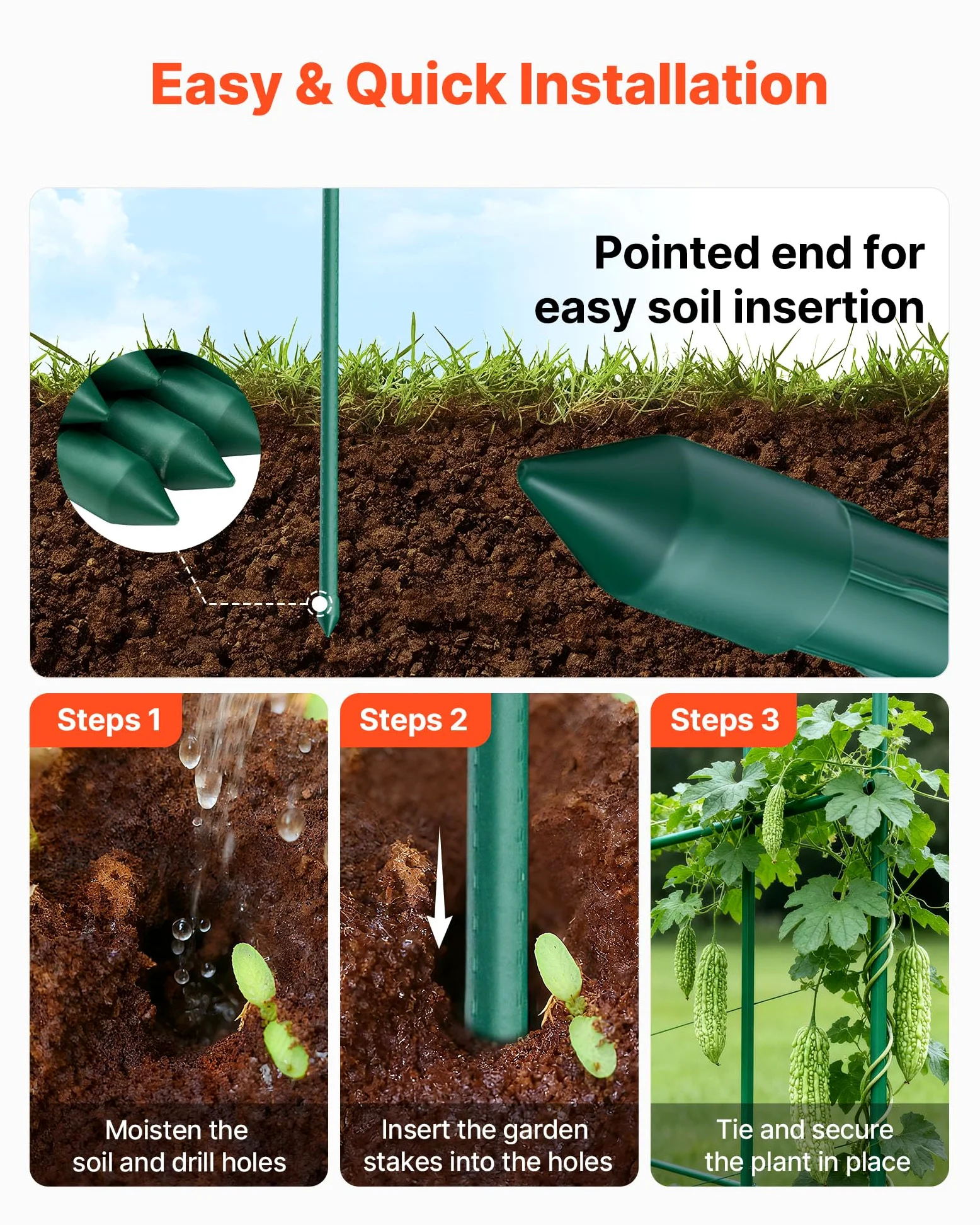 VEVOR Tuteur Plante 1,7 m Tuteur Plante Grimpante 15 PCS Tuteurs à Tomates Jardin pour Soutien Plantes Grimpantes Légumes Extérieur, Métal Recouvert Plastique Extrémité Pointue Picots Antidérapants