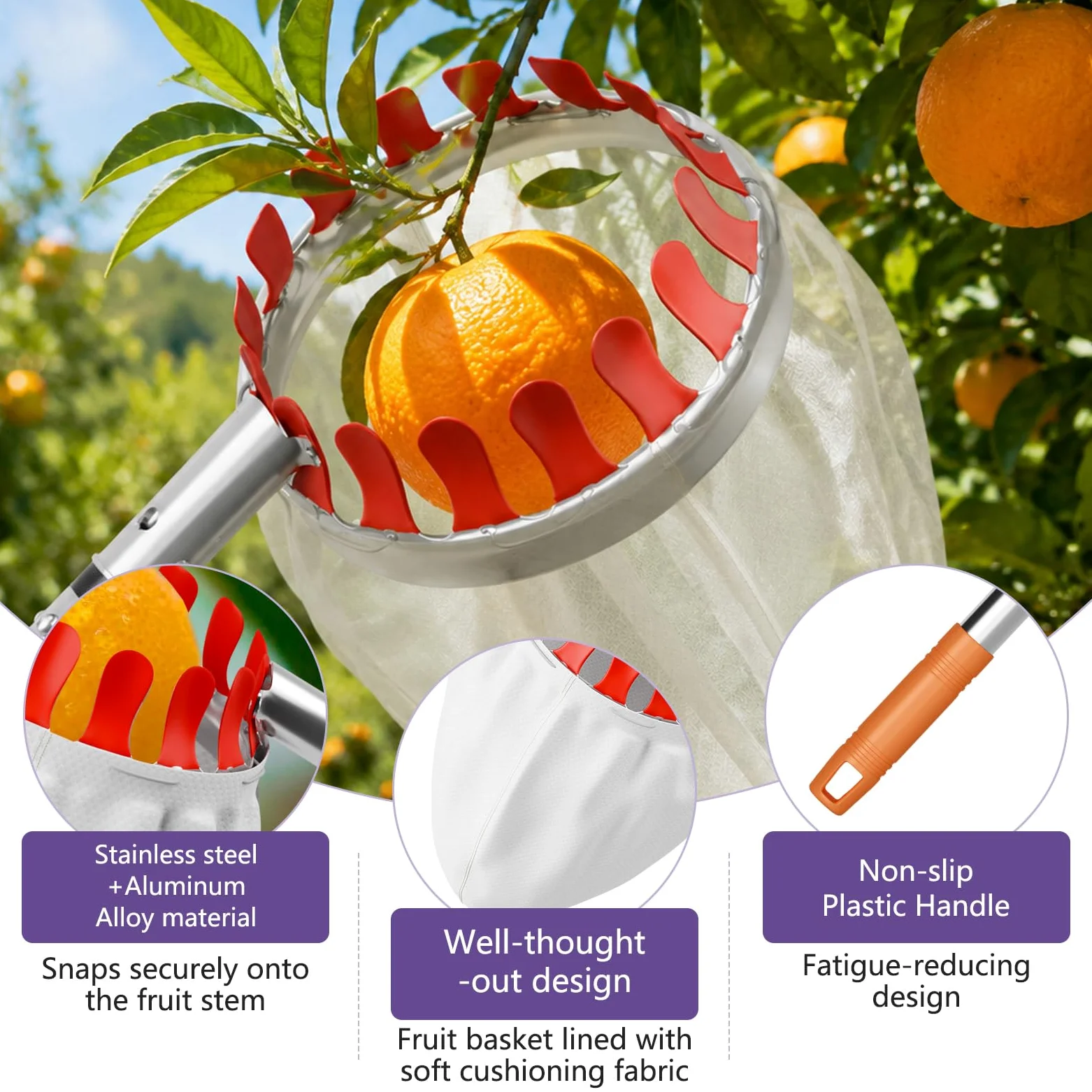Cueilleuse à fruits avec manche télescopique de 6 m - Diamètre : 16 cm | Cueilleuse à prunes avec sac de rangement
