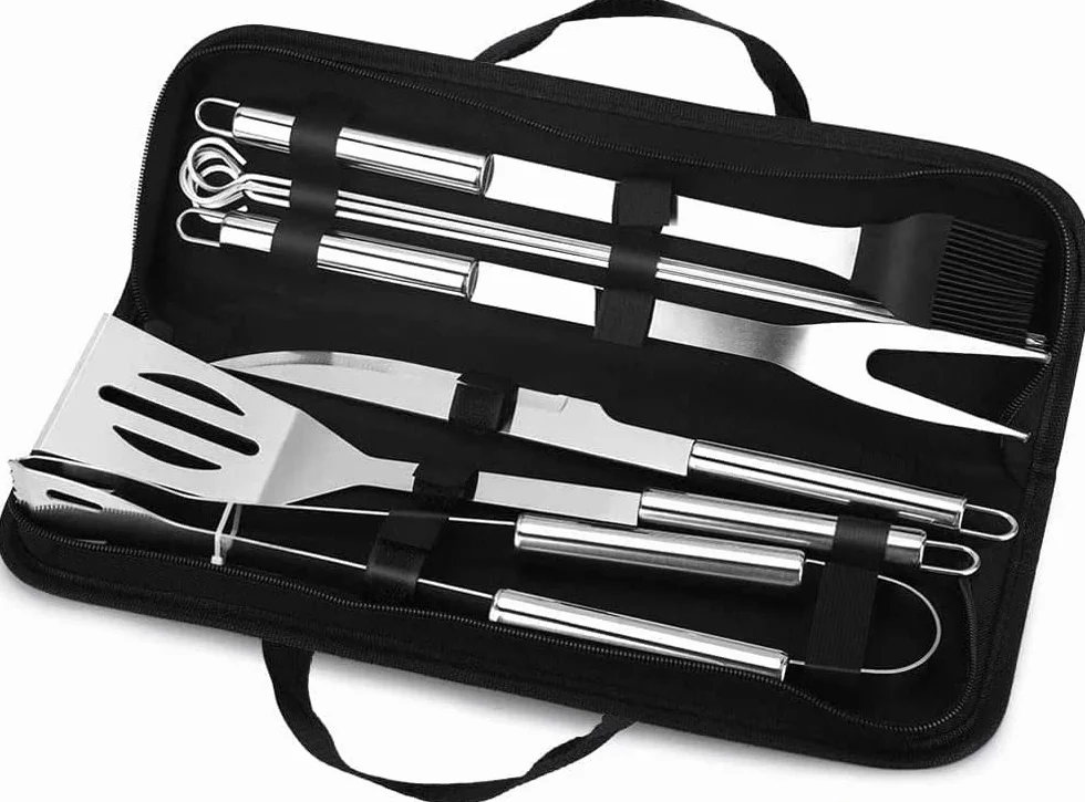 Kit Barbecue Acier Inoxydable 9 Pièces avec Boîte de Rangement
