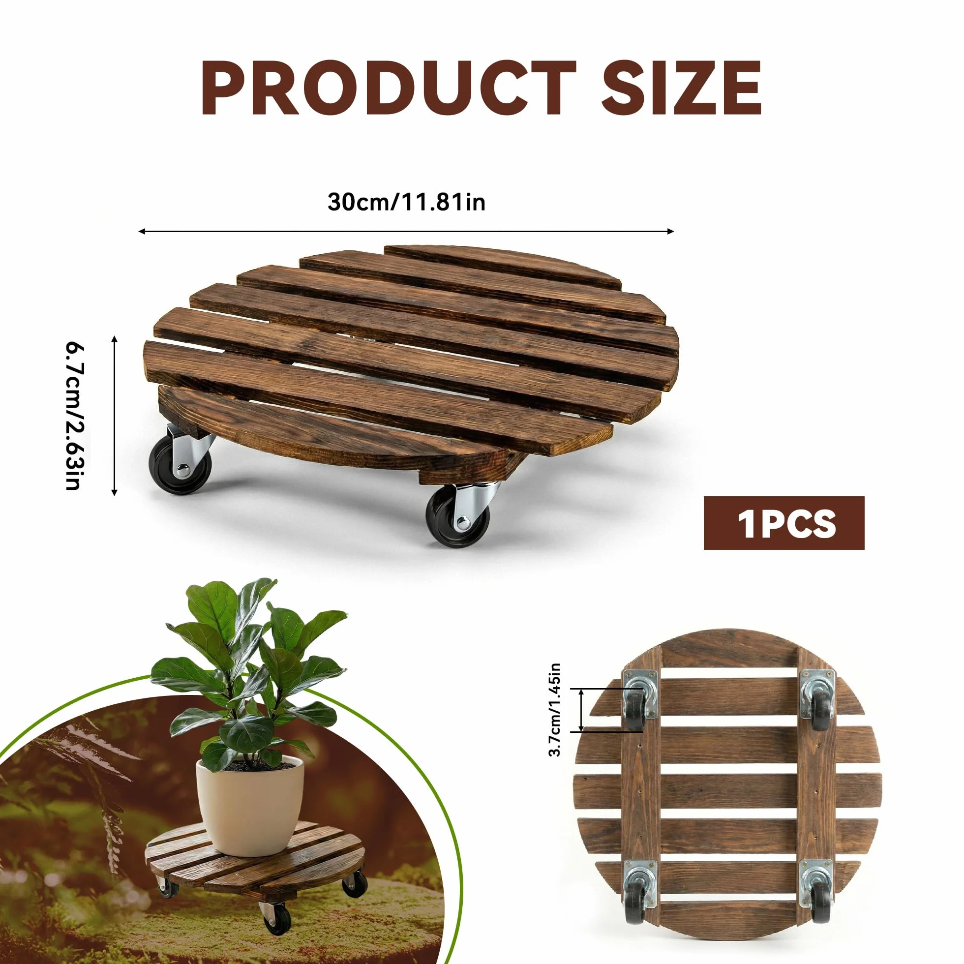 Bois Porte Plante à Roulettes Rondes Chariot Ø 30cm Capacité Charge 120 kg Roues 4 Blocages