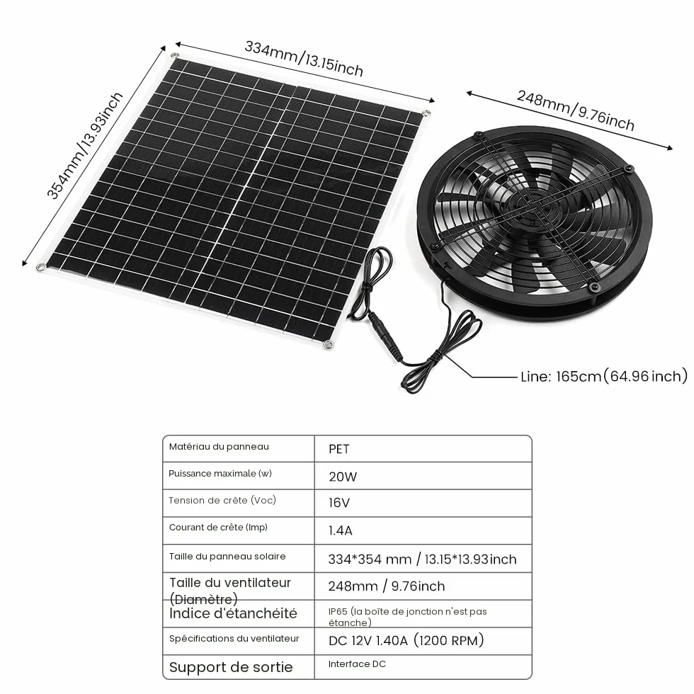 Ventilateur solaire 20 W résistant aux intempéries CC pour poulaillers serres hangars