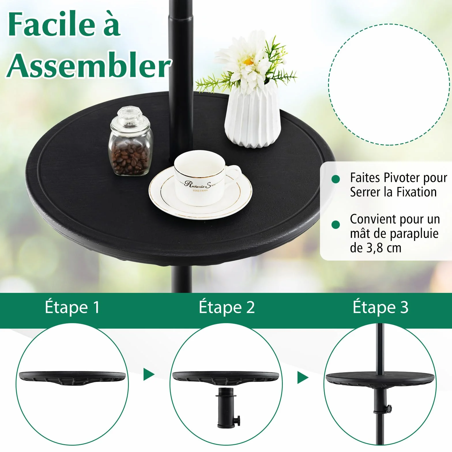 RELAX4LIFE Table de Parasol de Jardin Ronde Φ 50CM Hauteur Réglable Trou de Parasol 38 mm Plateau PE Imitation Grain de Bois Noir