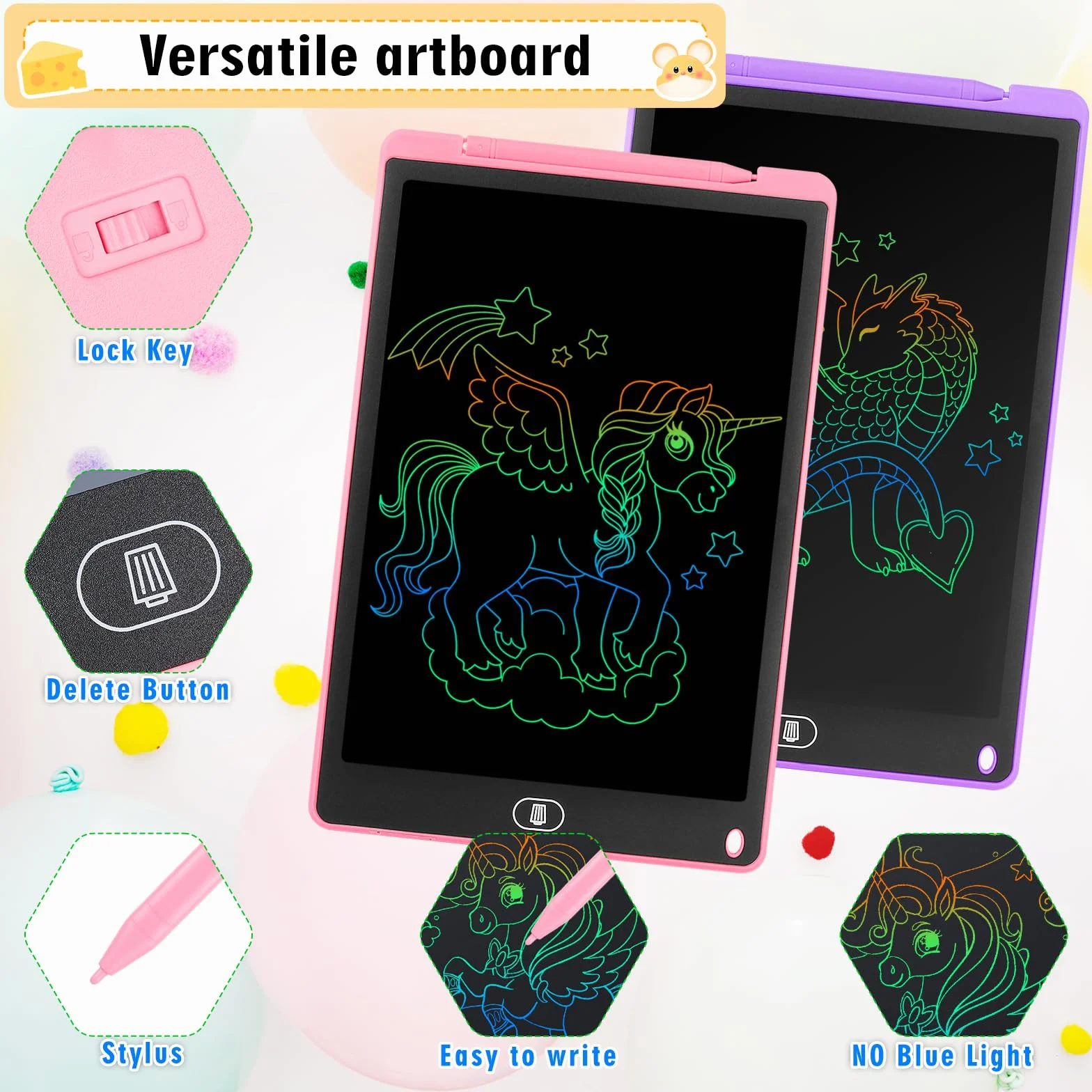 Tablette D'écriture LCD 13 Pouces Écran Coloré Effaçable avec Autocollants Animaux Rose Violet 2 Pack