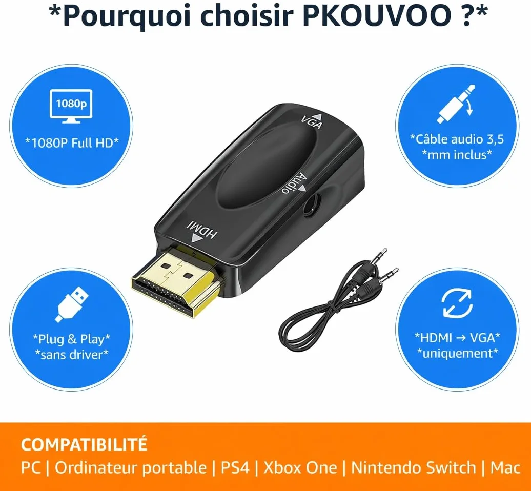 Adaptateur HDMI vers VGA Audio 3.5mm Convertisseur HDMI mâle VGA Femelle 1080p