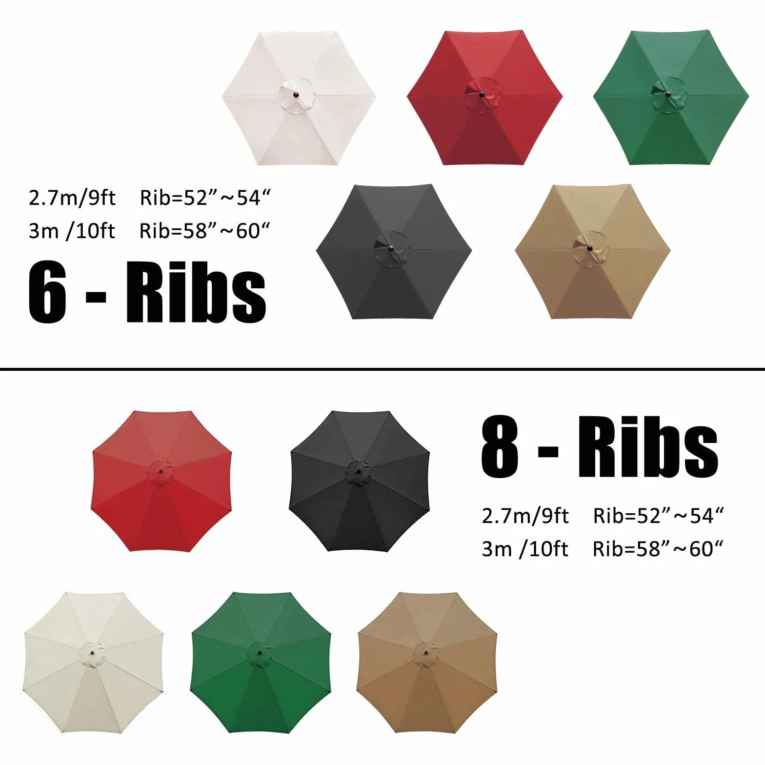 Housse de Remplacement Toile de Parasol Jardin 2.7m 3.0m pour 6 Bras 8 Bras