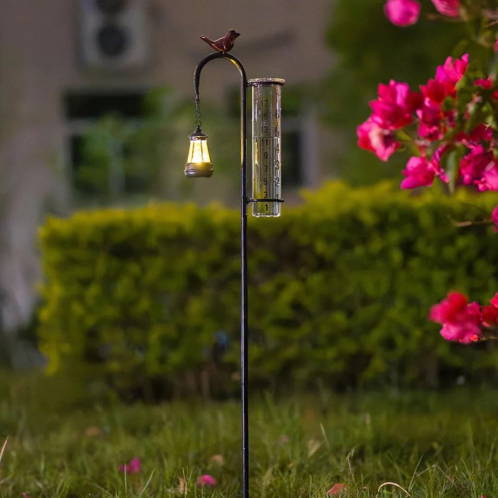 Pluviomètre solaire pour l'extérieur Motif colibri | Tube en verre de 17,8 cm, en forme de lampadaire, pluviomètre décoratif pour jardin, cour, pelouse