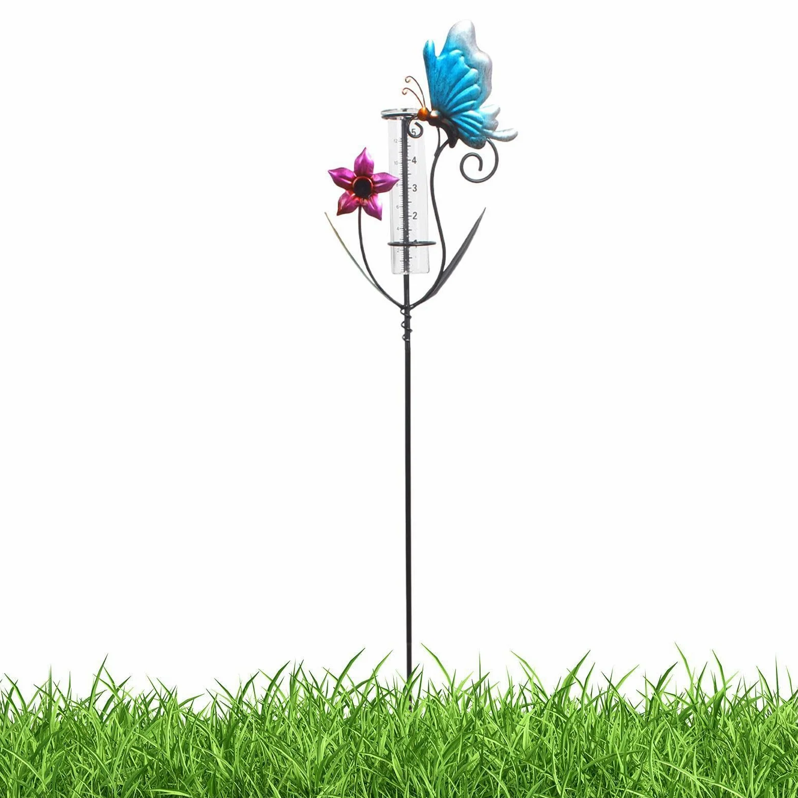 Pluviomètre | Objet Décoration Mesure Pluie Design Papillons et Fleurs | Jauge de Mesure de Pluie - Pour Jardin Pelouse Cour Terrasse Patio Clôture