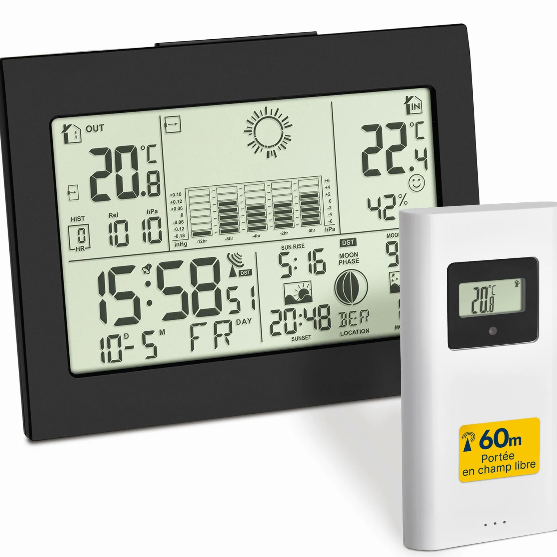 TFA Dostmann Station météo sans fil Horizon, 35.1155.01, avec capteur extérieur, phase de lune, pression atmosphérique, lever/coucher du soleil, prévisions météo, horloge radio-pilotée, noir
