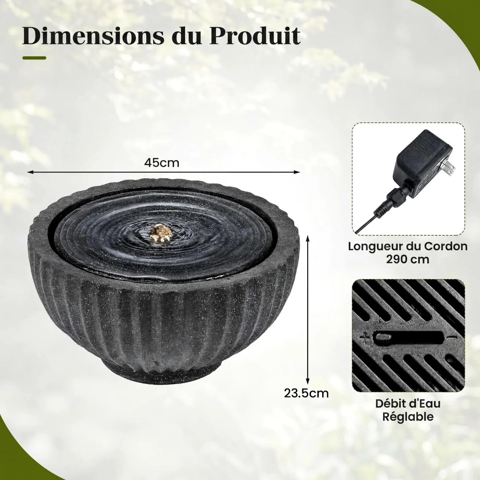 COSTWAY Fontaine Solaire d'Extérieur, Fontaine de Jardin Décorative avec 6 LED, Cascade Décoration en Forme de Bol Aspect Pierre en Résine Fibre de Verre pour Terrasse/Balcon, 45 x 45 x 23,5 cm