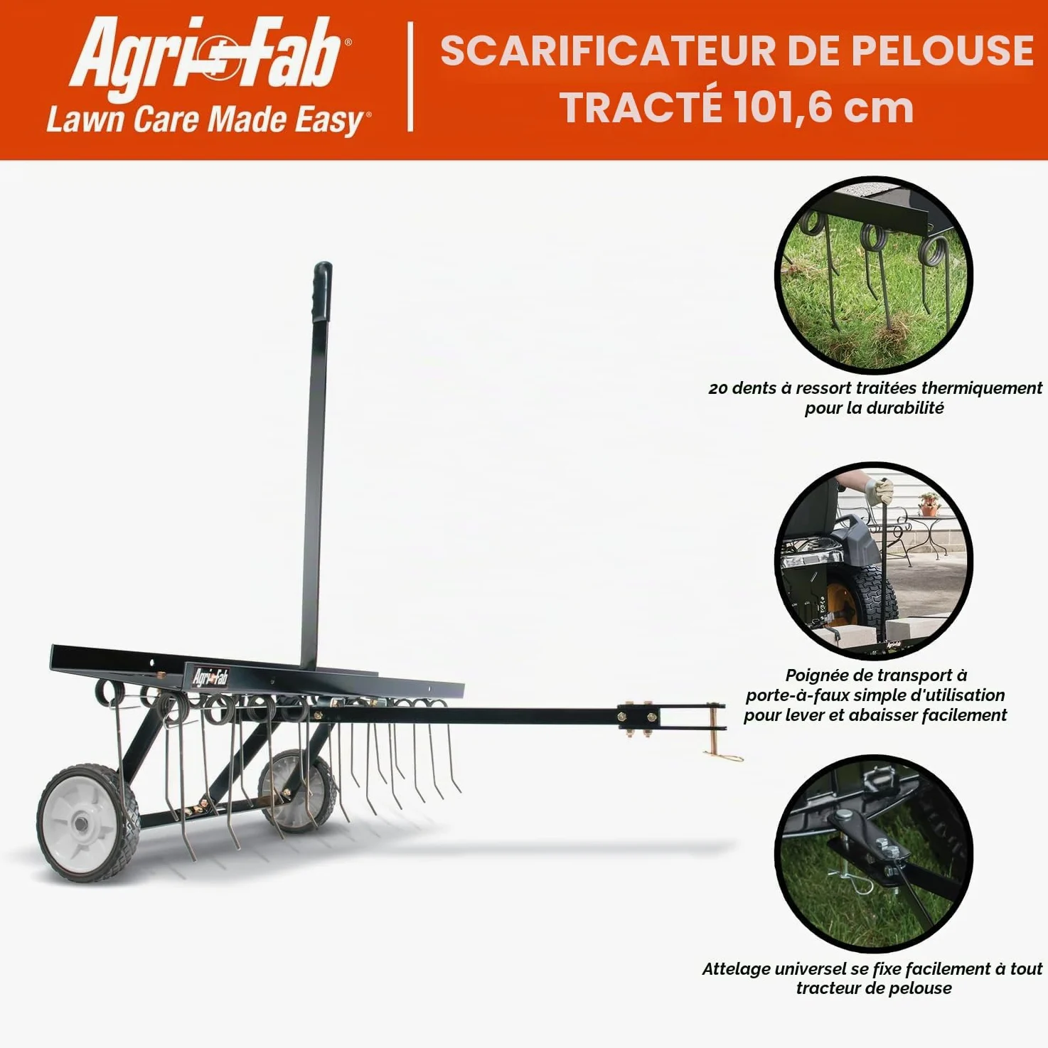 Agri-Fab AG45-0294 Démousseur tracté avec dents ressorts Noir Largeur de travail 102 cm