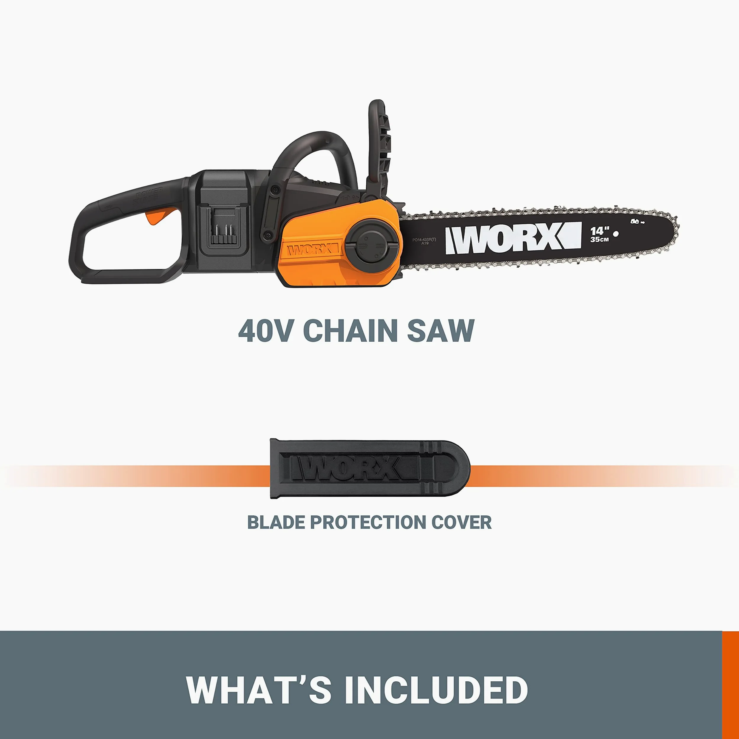 WORX - Tronçonneuse sans fil 40V - 4Ah- WG384E - guide de 35 cm, 8 m/s (Livrée avec batterie et chargeur, brushless, légère et compacte, indicateur de niveau d'huile, auto-lubrification de la chaîne) | Guide 35 cm, tension et lubrification automatiques, f