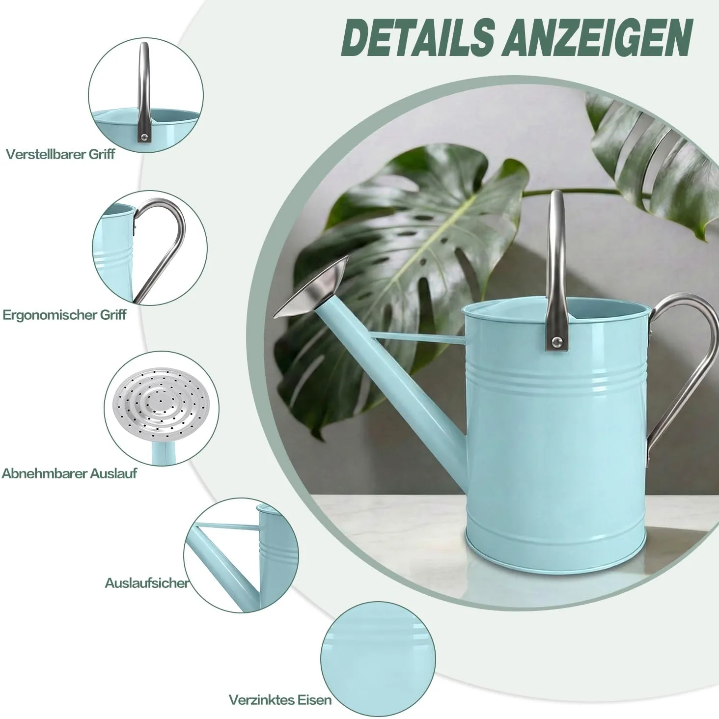 Arrosoir en métal Bleu Clair de 6,5 l pour Plantes d'extérieur et d'intérieur - Arrosoir en Acier galvanisé avec Bec Amovible, poignée de Transport Mobile - Pot d'arrosage résistant à la Rouille pour