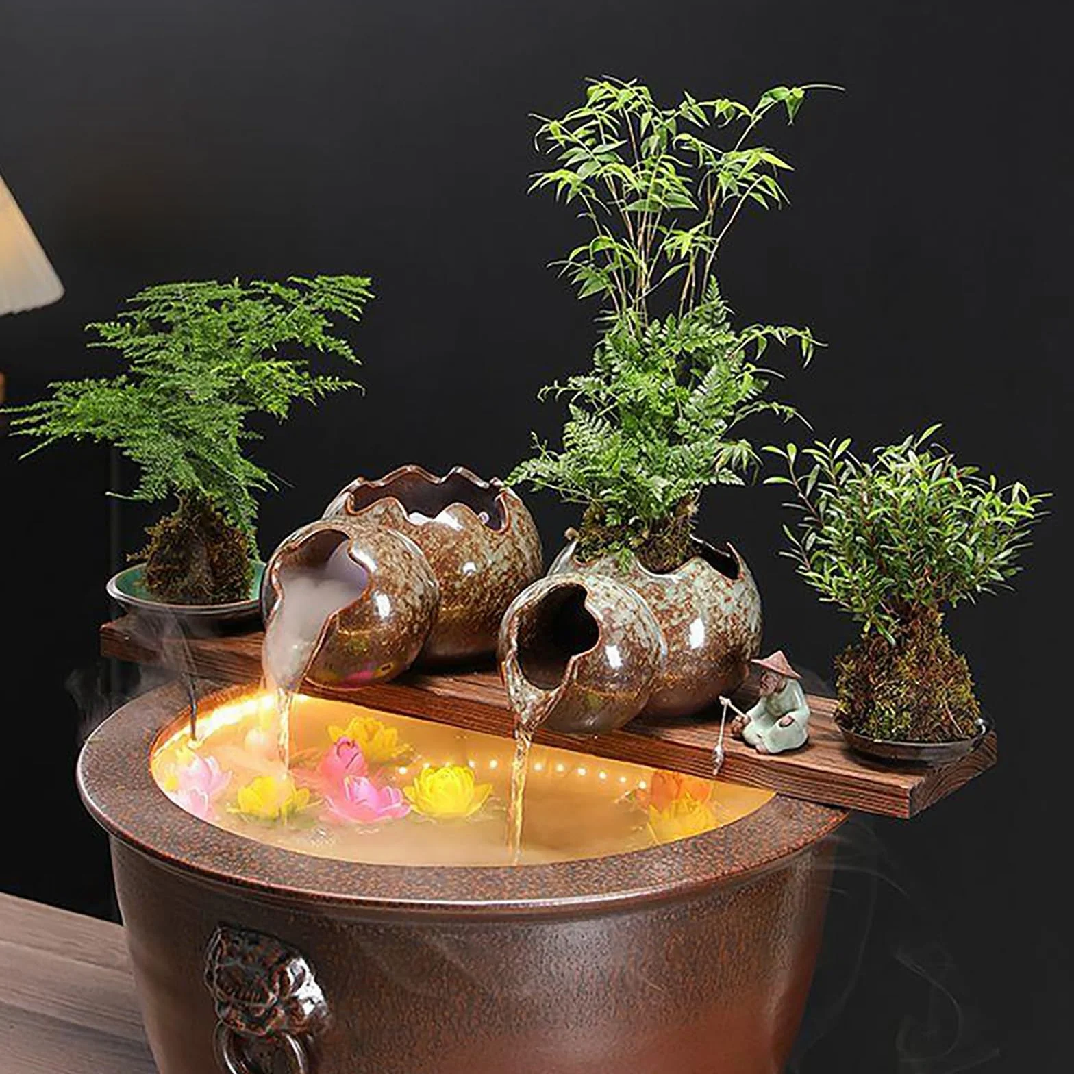Fontaine à eau en carafe en céramique pour jardin, élément d'eau extérieur, décor bassin koi