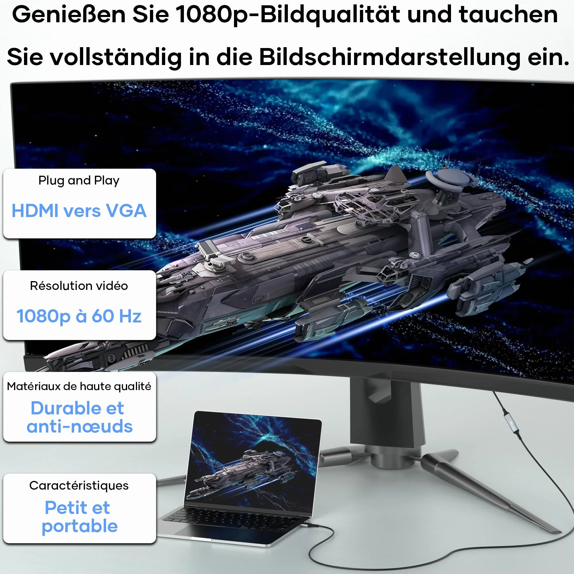 Adaptateur HDMI vers VGA unidirectionnel câble tressé nylon 1080p pour moniteur TV PC ordinateurs portables