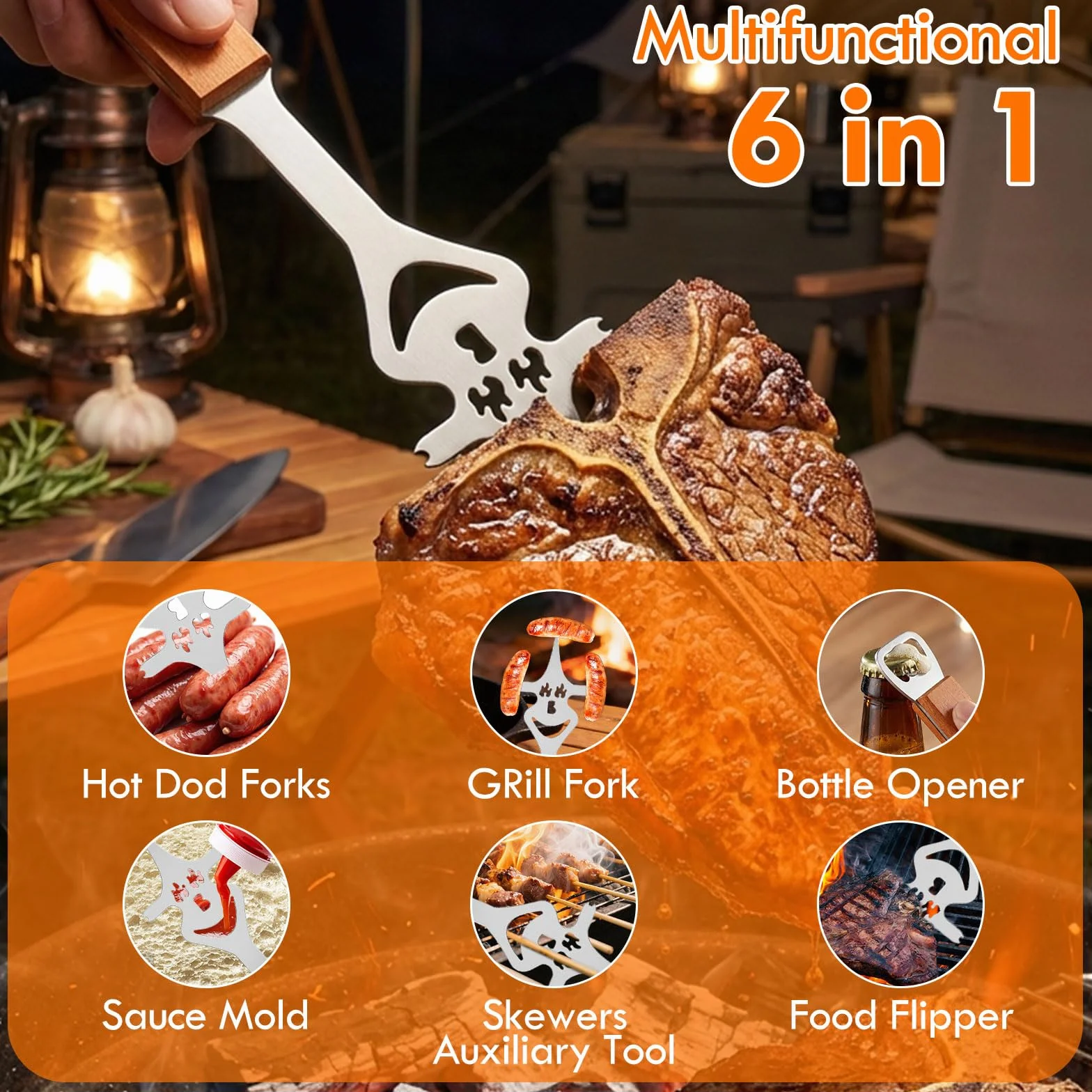 Ensemble d'ustensiles de barbecue en acier inoxydable 4 pièces avec pinces, spatule, fourchette à viande, manches en bois