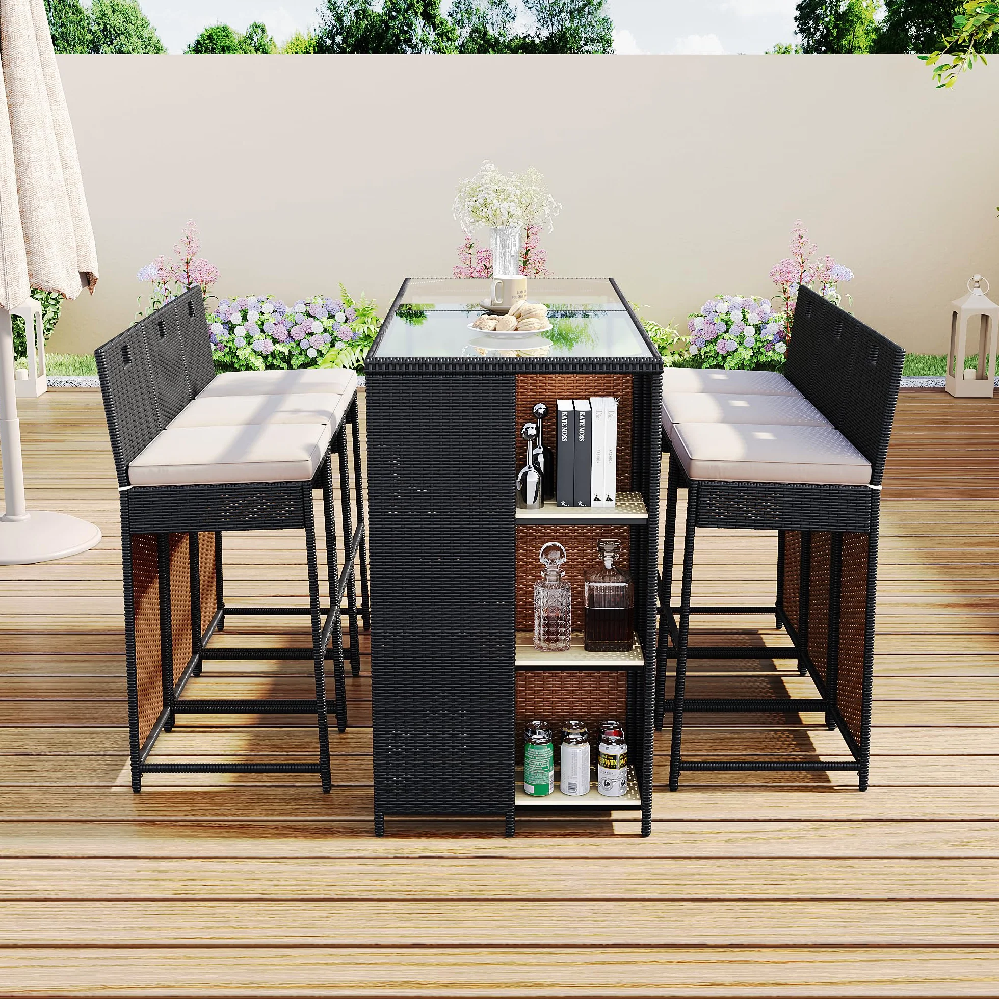 Merax Ensemble bar jardin 7 pièces 6 tabourets hautes polyrotin noir marron foncé
