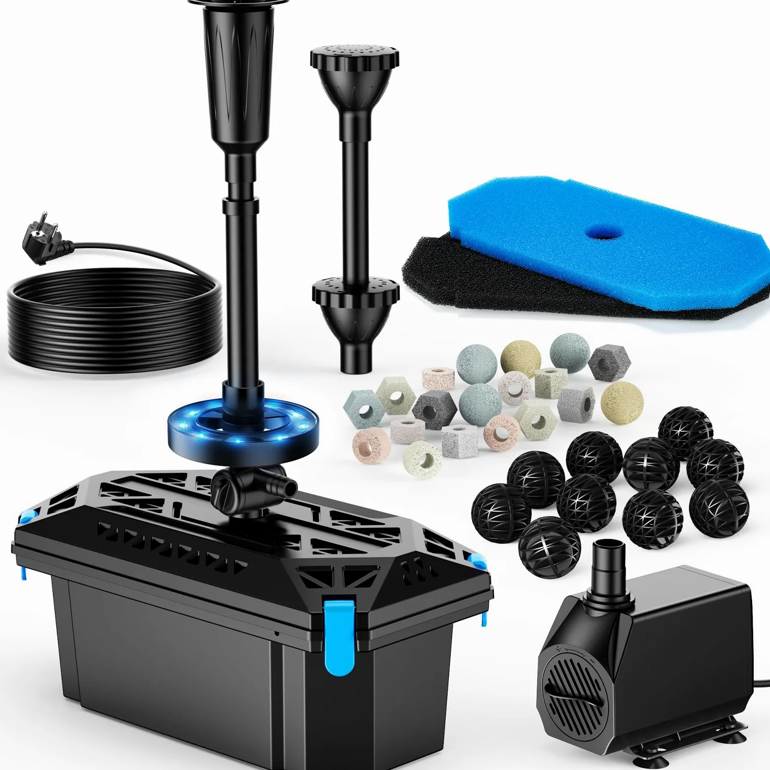 POPOSOAP Kit fontaine de bassin RGB + filtre, Pompe filtrante 2500 L/H avec LED RGB cycliques et débit réglable, Décor aquatique d’extérieur pour bassins de jardin