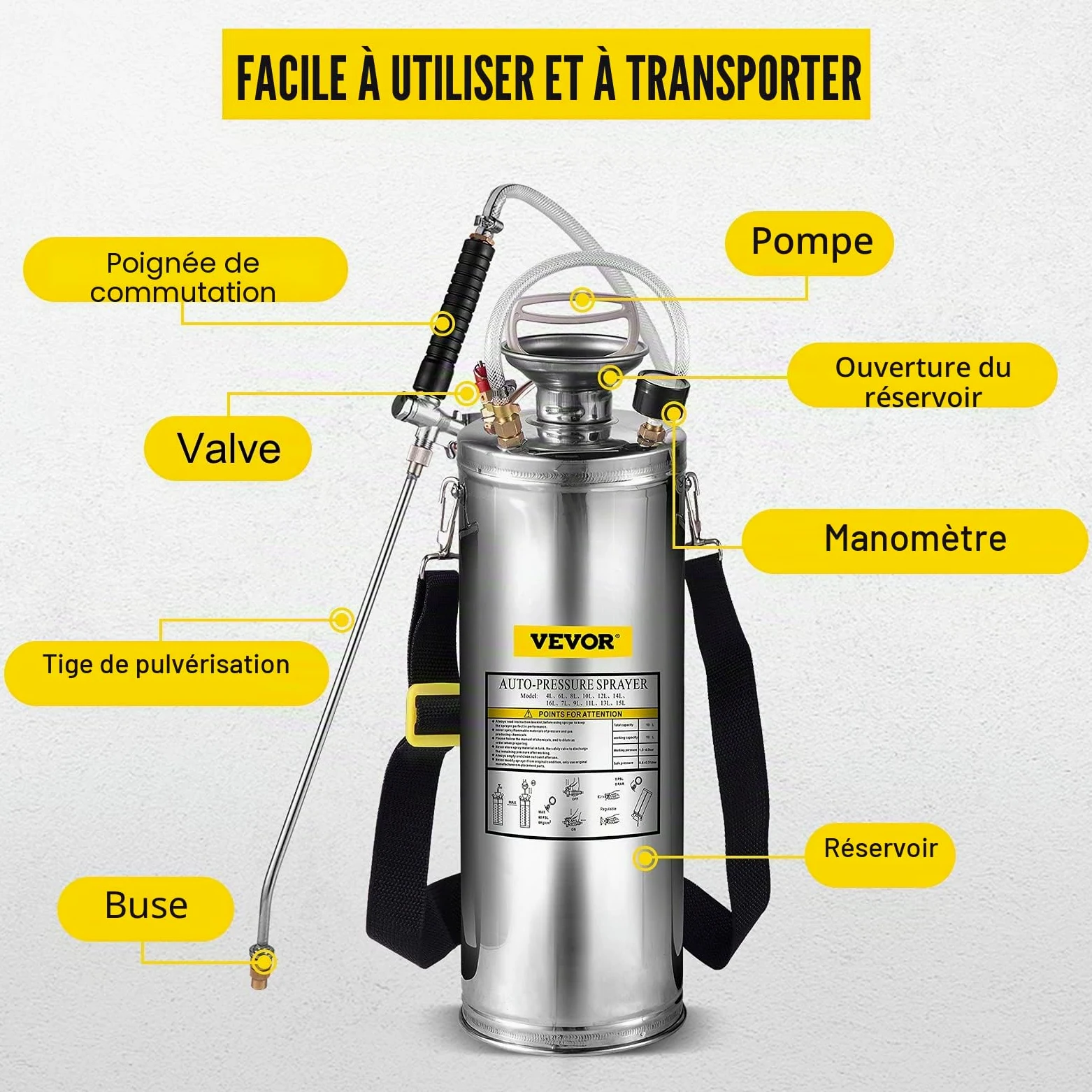 VEVOR Pulvérisateur à Pression 6 l en Acier Inoxydable avec Valve et manomètre Convient pour la Maison, Le Jardin, Les véhicules touristiques, Les véhicules spéciaux, Les navires, Le Nettoyage des