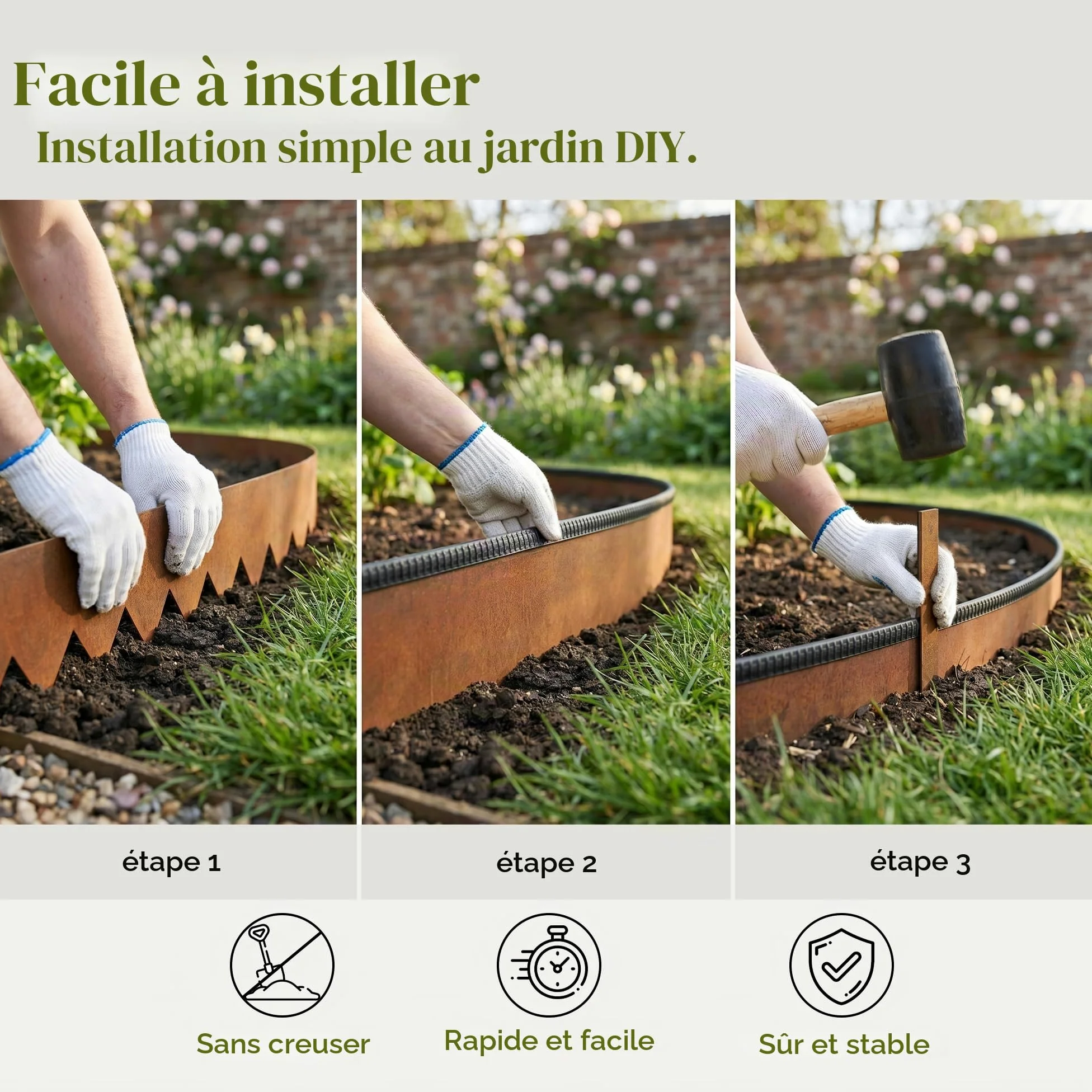 Lot de 6 bordures de pelouse en acier Cor-Ten avec bande adhésive - 1 m (L) x 14 cm (H) - Revêtement en poudre marron - Bordure de paysage - Séparateur de jardin - 7 clips - K649B04